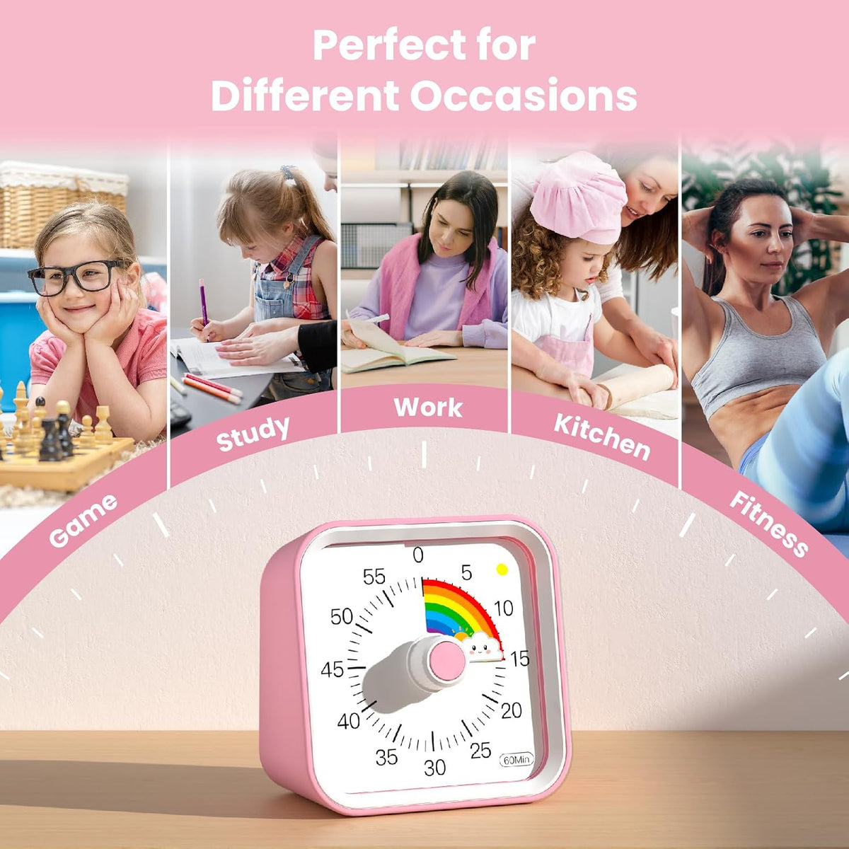 Visual Timer for Kids, Rainbow Timer with Pause Function, Pink