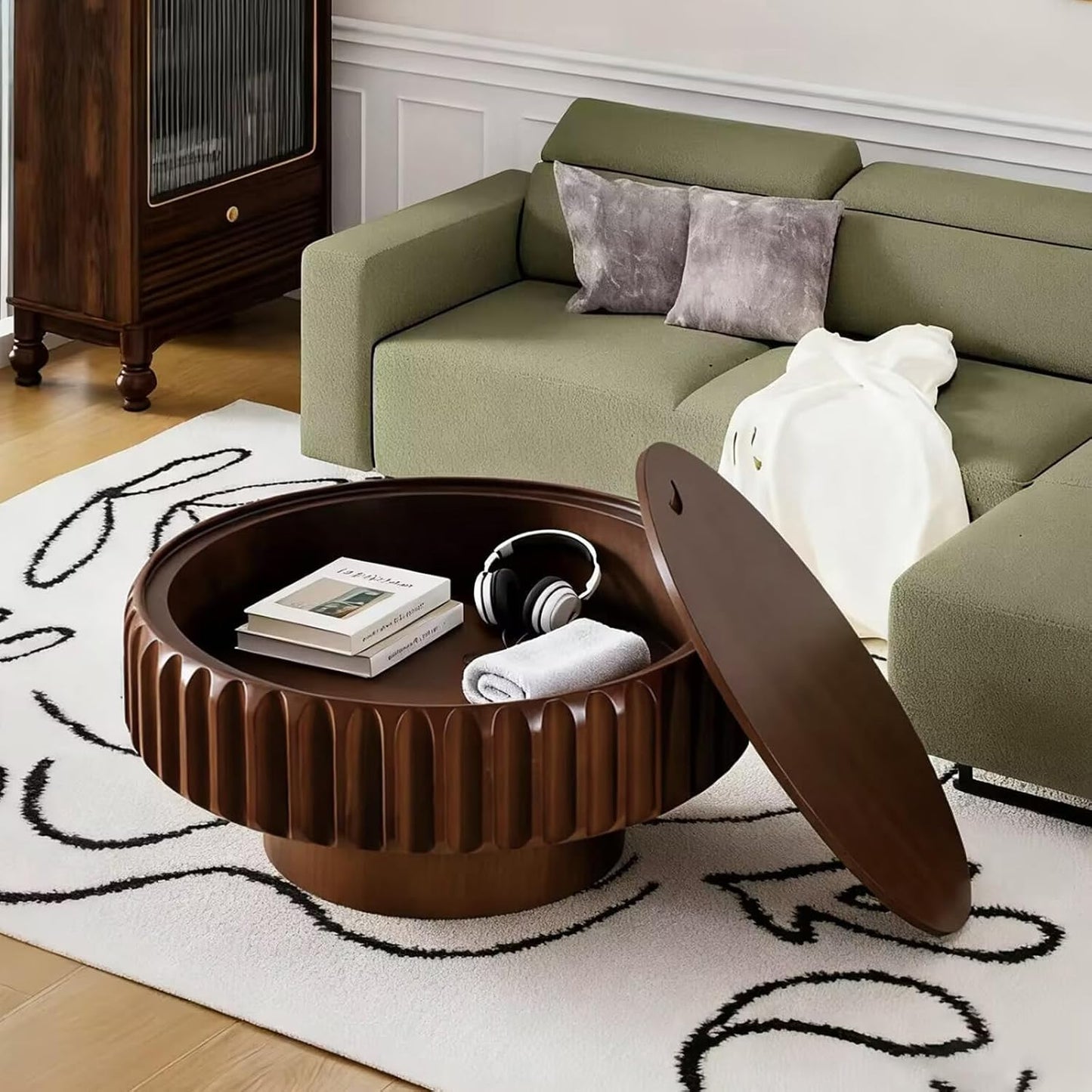 Round Coffee Table (Walnut 31.5'') | Storage for Living Room, Wood Circle Drum, Modern Fluted Center Table, Accent Table for Home Office Apartment