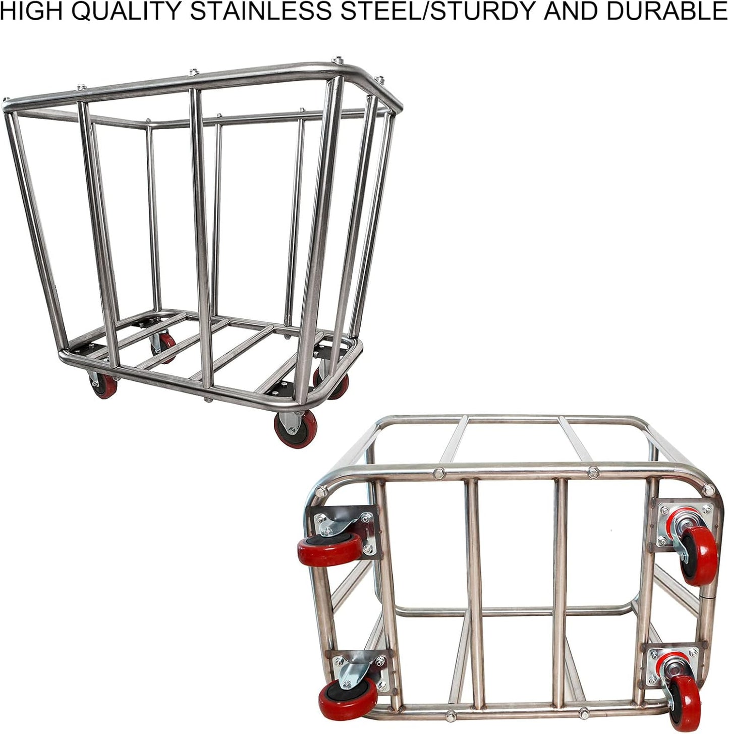 10 Bushel Laundry Cart with Wheels,Heavy Duty Industrial Rolling Commercial Home Beige Large Rolling Storage Laundry Basket, Stainless Steel Laundry Hamper Service Cart,260LBS Load