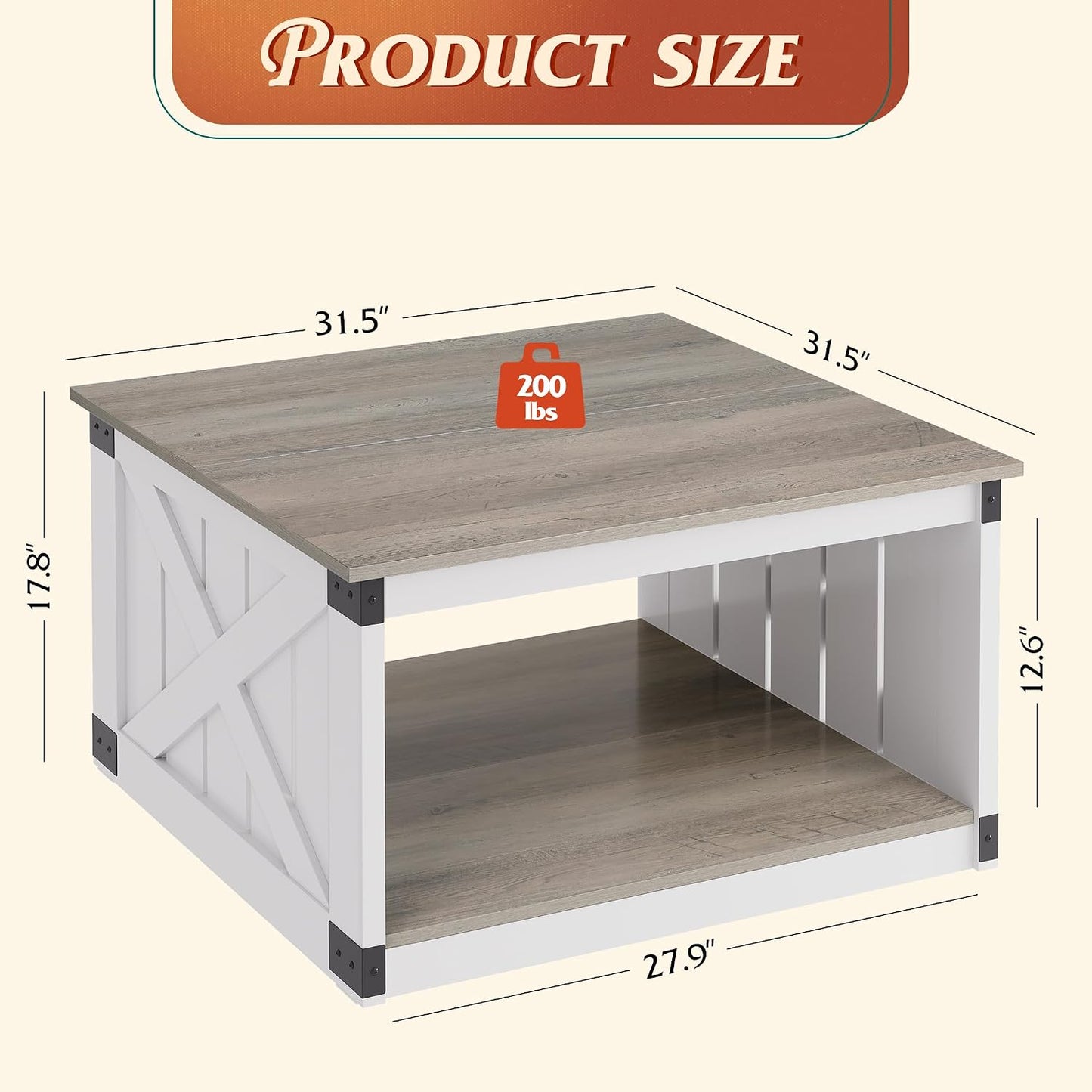 WLIVE Coffee Table, Farmhouse Coffee Table with Open Storage, 31.5" Wood Square Living Room Tables, Rustic Dining Cocktail Center Table for Living Room, White