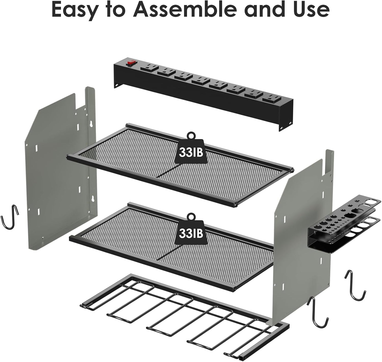 CCCEI Wall Mount Modular Tool Charging Organizer, Grey, 1 Pack, 3 Tier. | Drill Battery Storage Rack with Hooks, Garage Workshop, Gifts for Men, Dad, Husband Anniversary, Birthday, Christmas