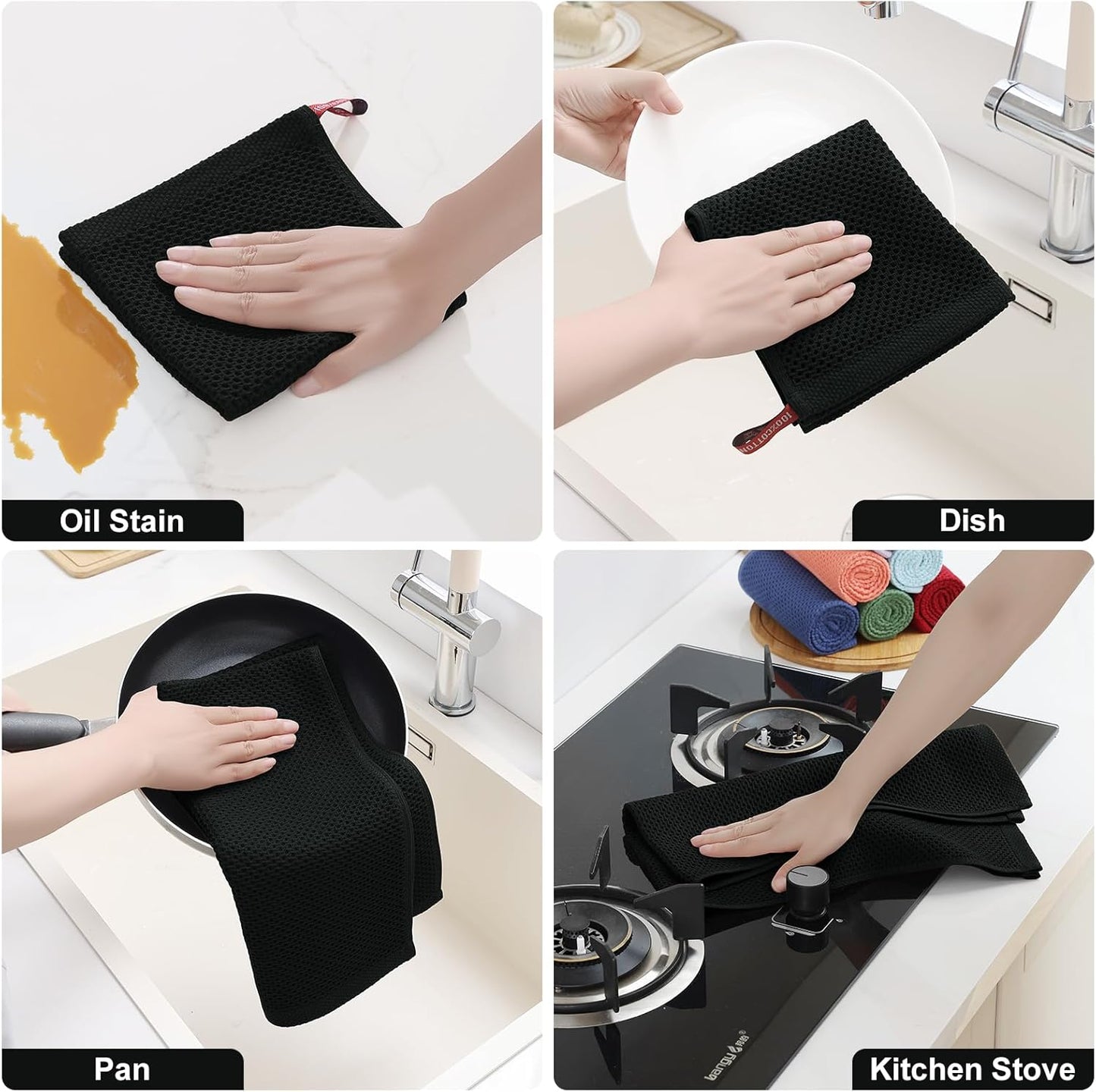 Homaxy 100% Cotton Kitchen Towels and Dishcloths Set, 12 x 12 Inches and 13 x 28 Inches, Set of 8 Bulk Kitchen Towels Set, Ultra Soft Absorbent Dish Cloths for Washing Dishes, Black