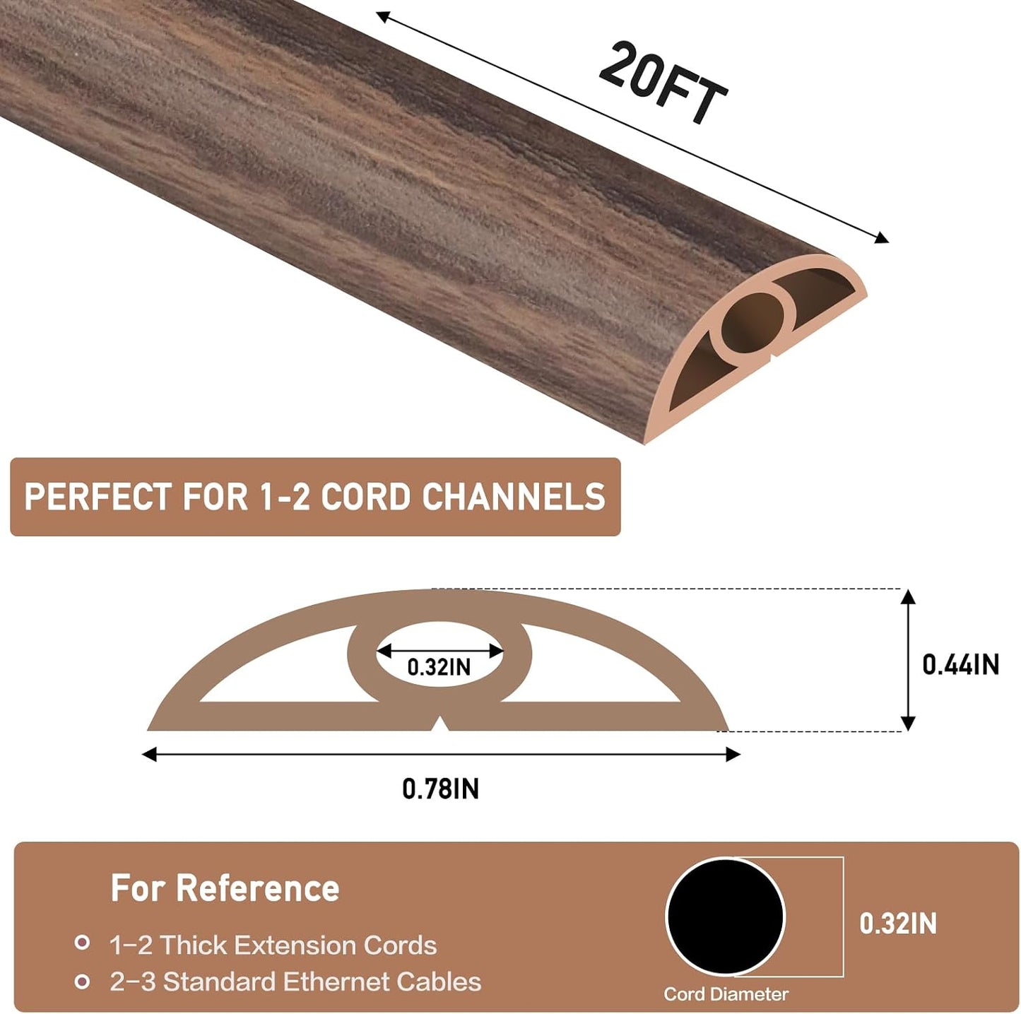 LSGCQ Floor Cord Cover Self Adhesive Cord Hider Floor Cable Management | Cord Covers for Wires on Floor Cable Cover, Prevent Cable Trips, Cable Cavity 0.32" W x 0.32" H, 20Ft, Smoked Brown Wood
