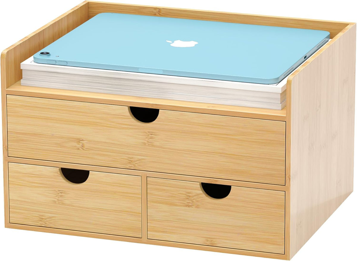 Bamboo Desk Drawer Organizer, Large Desktop Organizer with Drawers Tabletop Storage Organization Box for Office Home Toiletries Supplies Vanity, No Assembly Required (3 Drawer with Shelf)