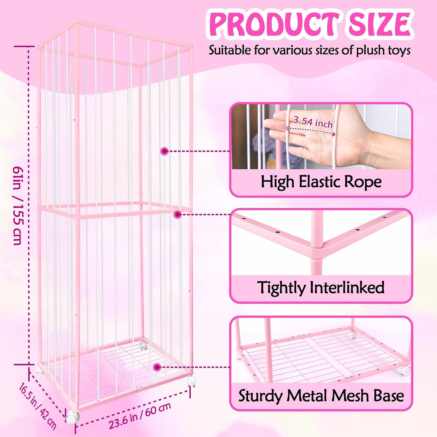 Stuffed Animal Storage, Metal Tube Extra Large Toy Storage Organizer with Brake Wheels, Stuffed Animal Holder Zoo Organizer for Nursery Playroom Kids Room Pink(61” x 23.6”x 16.5”)