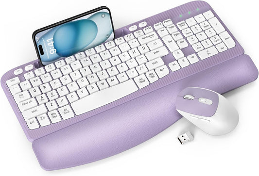 Wireless Keyboard and Mouse Combo, Full-Sized Ergonomic Wave Keys Keyboard with Memory Foam Wrist Rest & Phone Holder, 2.4G Quiet Keyboard Mouse Work Setup for PC Laptop, Office or Home (Purple)