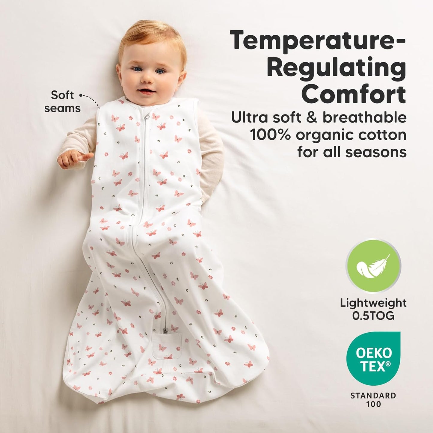 2-Pack Baby Sleep Sacks, Zipper Wearable Blanket-0.5TOG Organic Cotton,Lightweight,Soft Cozy Toddler Sleeping Sack 6-12 months,Easy to Wear Large Newborn Transition Swaddles Sleepsacks(Butterflies, M)