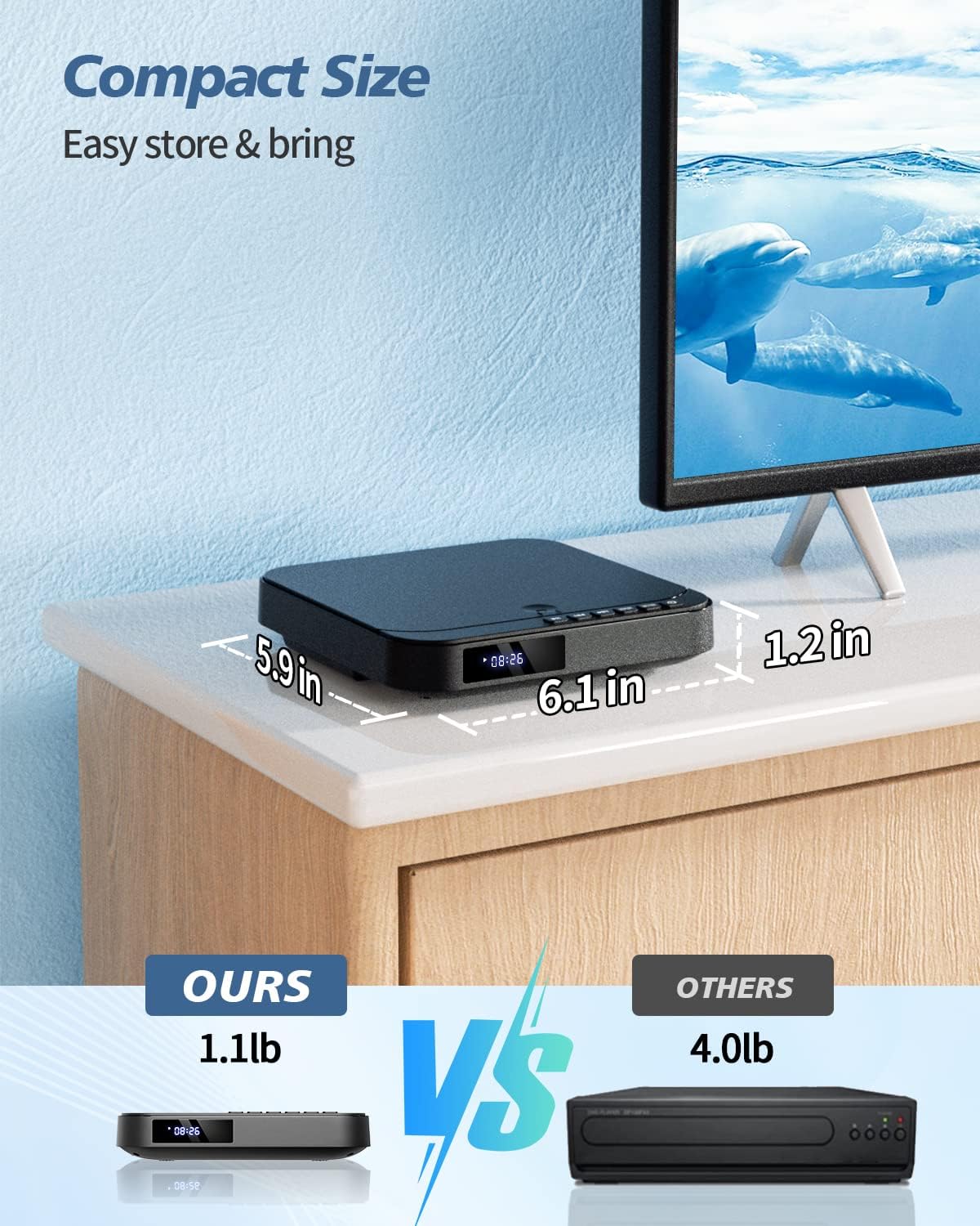 Mini DVD Player HDMI, DESOBRY 1080P HD Small Compact DVD Player for Smart TV with All Region Free, DVD CD Player with AV Output, USB/TF Card Input, Remote Control, Support PAL/NTSC