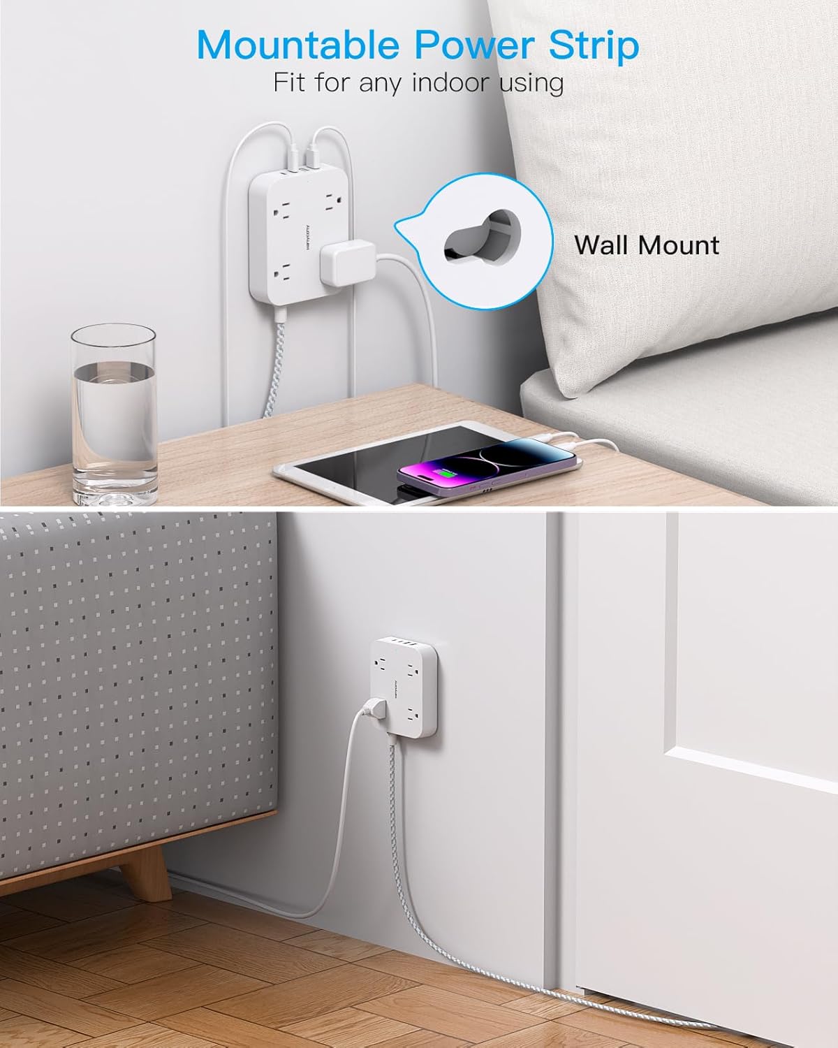 Flat Plug Extension Cord, HANYCONY 5ft Power Strip with 4 USB Ports(2 USB C), 4 Widely Outlets Extender, Wall Mount, Desk Charging Station for Office School Travel Dorm Room Essentials, ETL Listed