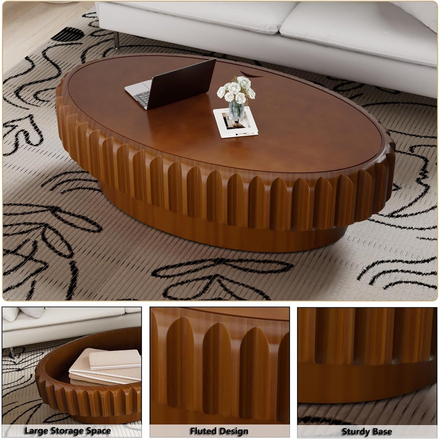Oval Fluted Coffee Table with Storage Handcraft Drum Coffee Table with Sturdy Pedestal, Farmhouse Mid Century Modern Center Tables for Living Room Reception Room (O)