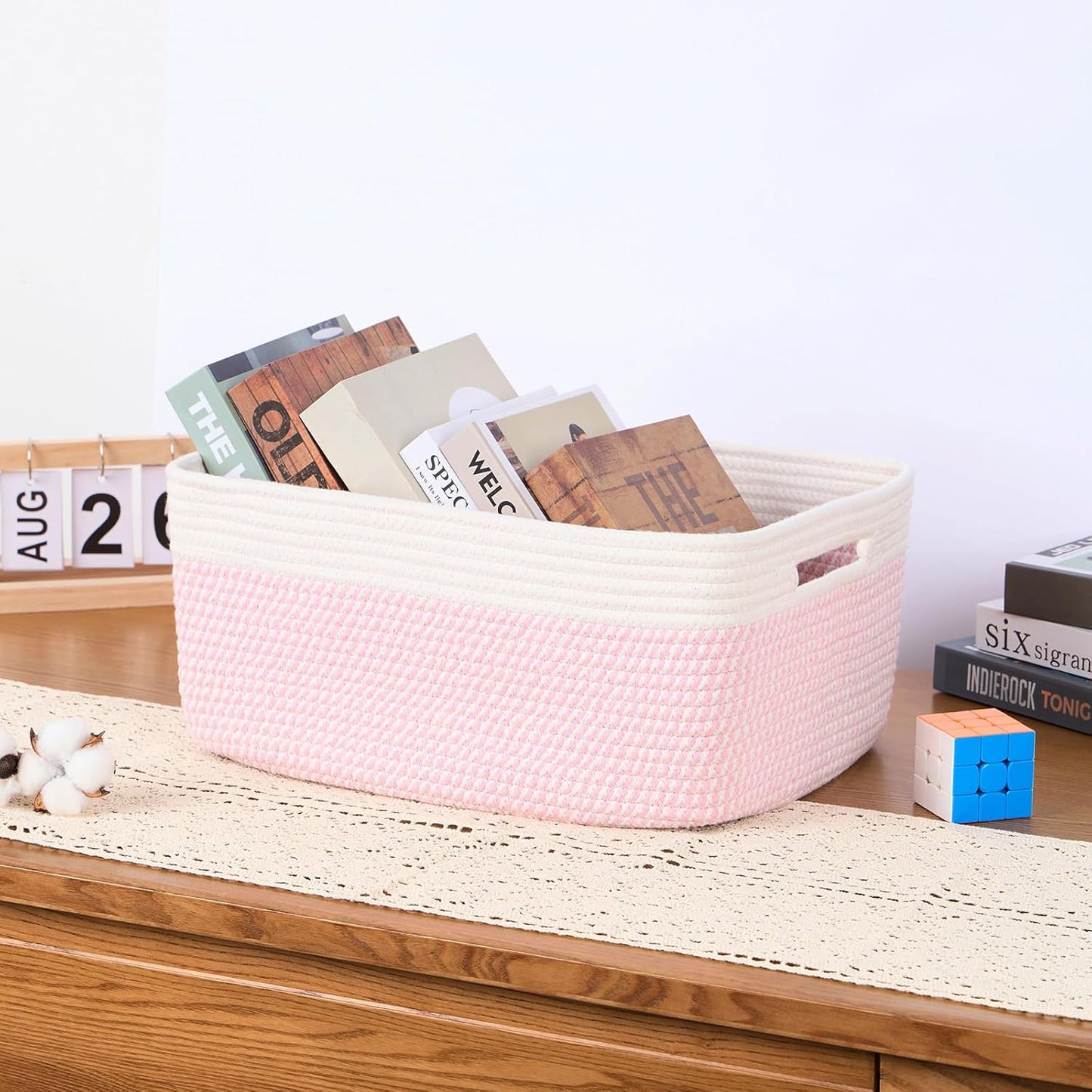 MiniArk Large Storage Baskets for Organizing, 17 x 13 x 7.5” Closet Shelf Baskets for Clothes Blanket Towels, Baby Nursery, Toy Bins Box, Woven Rope Baskets, 4 Packs Woven Pink