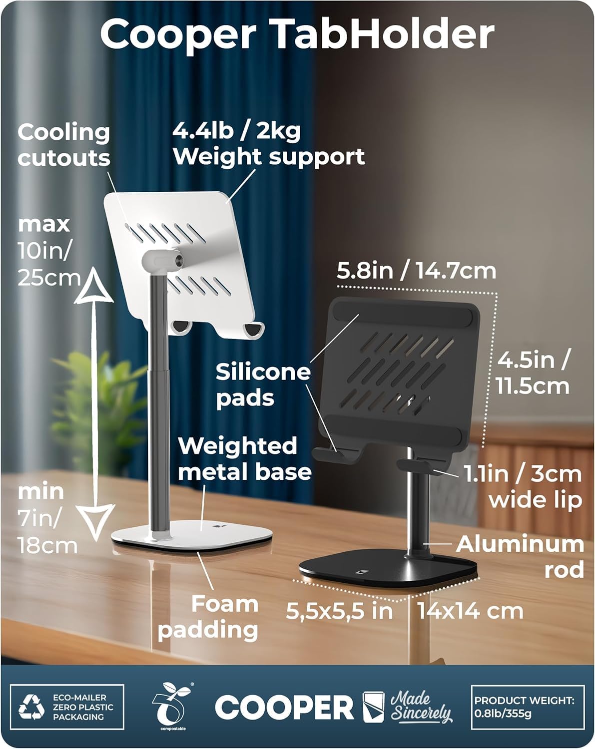 COOPER TabHolder, 7-10" Height Adjustable Tablet Stand, Premium iPad Stand for Desk, 270° Tilt iPad Holder for Desk, Tablet Holder, 15.6-17" Portable Monitor Support (Black)