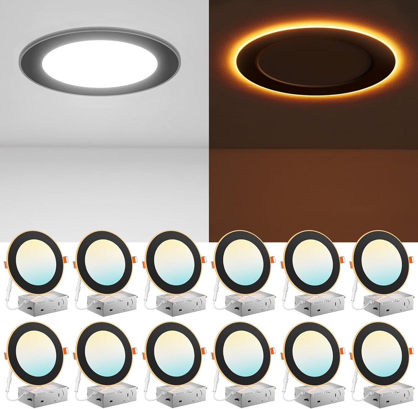 Amico 12 Pack Black 6 Inch 5CCT LED Recessed Ceiling Light with Night Light, 2700K/3000K/3500K/4000K/5000K Selectable Ultra-Thin Lighting, 12W=110W, 1100LM, Dimmable Canless Wafer Downlight - ETL&FCC