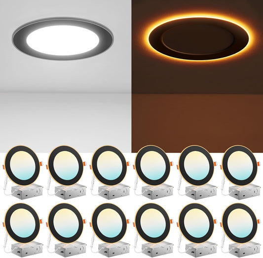 Amico 12 Pack Black 6 Inch 5CCT LED Recessed Ceiling Light with Night Light, 2700K/3000K/3500K/4000K/5000K Selectable Ultra-Thin Lighting, 12W=110W, 1100LM, Dimmable Canless Wafer Downlight - ETL&FCC