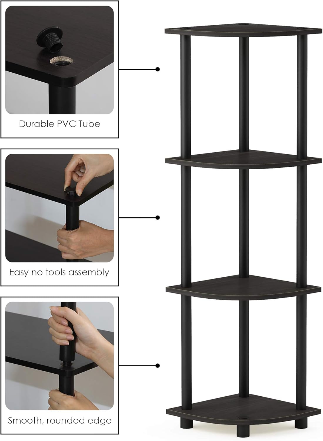 Furinno TURN-N-TUBE Corner Shelf, 4-Tier Corner Bookshelf, Display Storage Shelves with Open Shelves, for Organization and Storage, Living Room, Home Office, Garage, Espresso