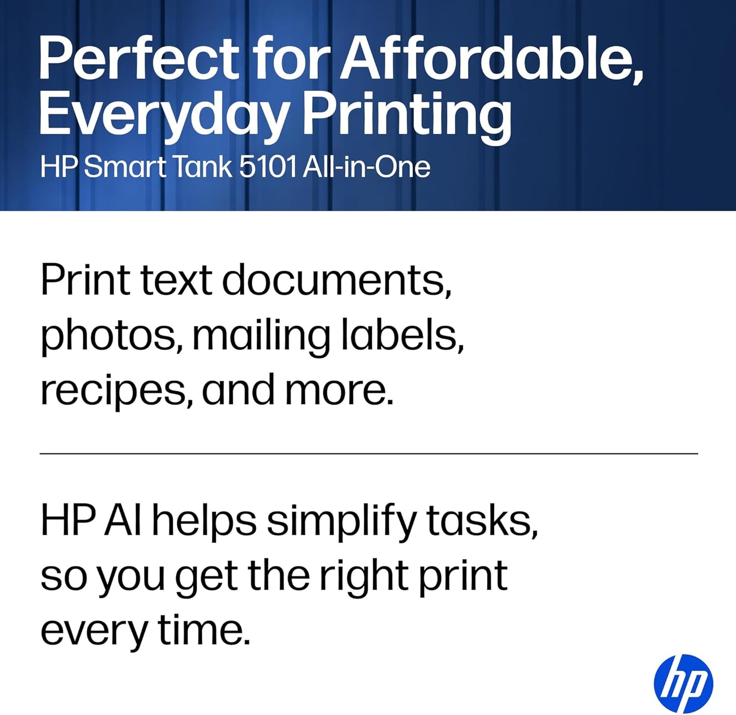 HP Smart Tank 5101 Wireless All-in-One Refillable Printer, Scanner, Copier with 2 Years of Ink Included, Wireless (2.4ghz only) Printer-for-Home use (1F3Y0A)