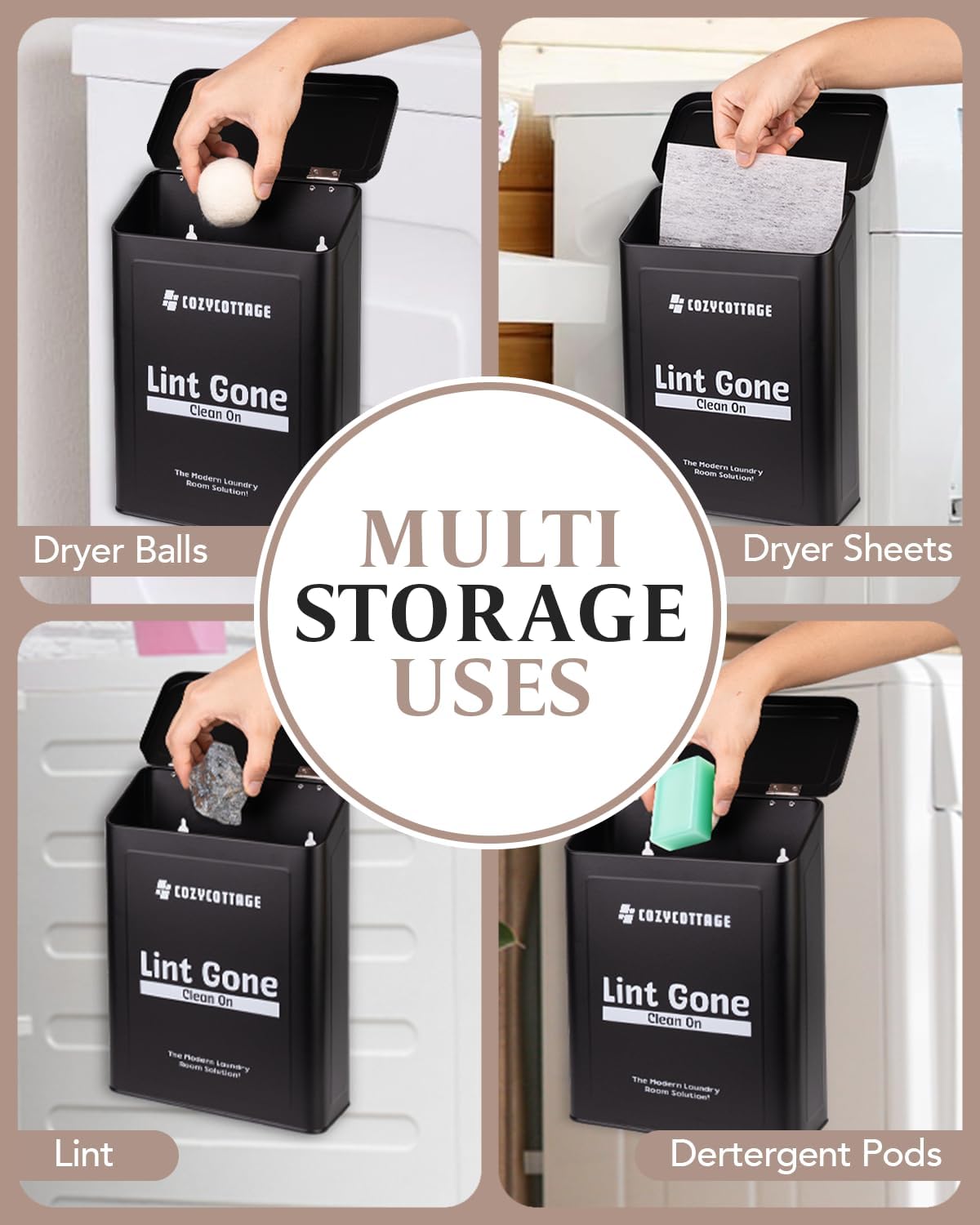 COZYCOTTAGE Magnetic Lint Bin for Laundry Room Organization and Storage With Brush & Hooks - Wall Mounted Dryer Lint Trash Can for Laundry Room Decor (Black)