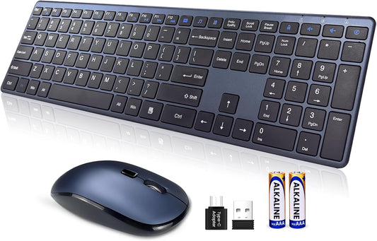 Wireless Keyboard and Mouse Combo,2.4G USB-A/Type-C Ultra Slim Quiet Full Size Matte PC Computer Keyboard & Mice,3 DPI,19 Multimedia Key,Lag-Free Ergo,Long Battery Life for Desktop,Laptop,Smart TV,MAC