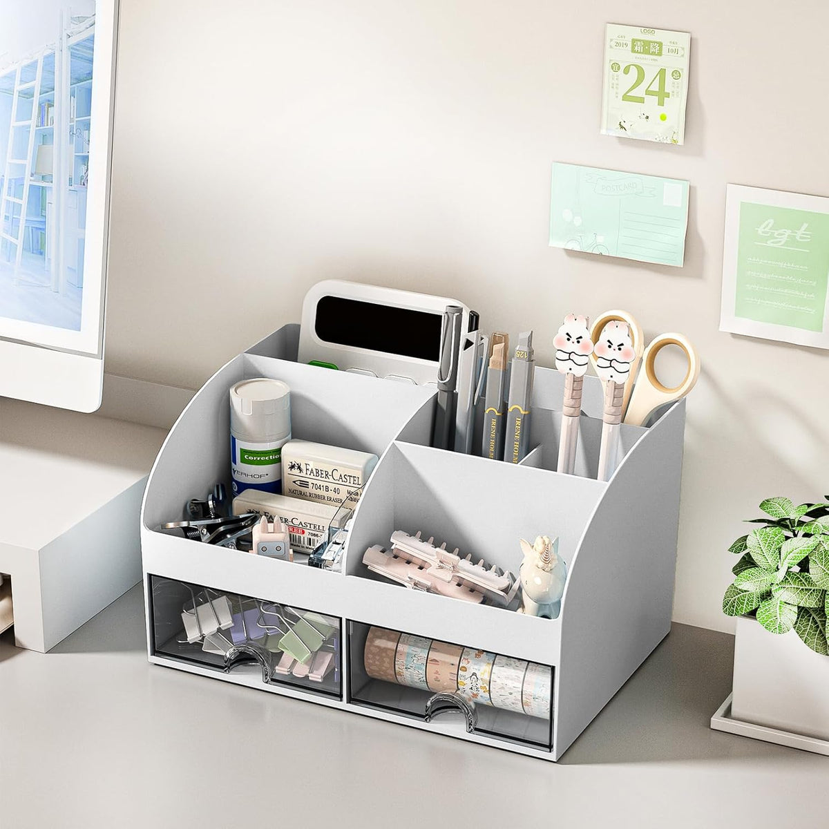 COMFYROOM Desk Organizer with 6 Compartments and 2 Drawers, Plastic Makeup Organizer, Pen Holder for Desktop Storage, Desk Organization for School, Home, Office Supplies (Grey)