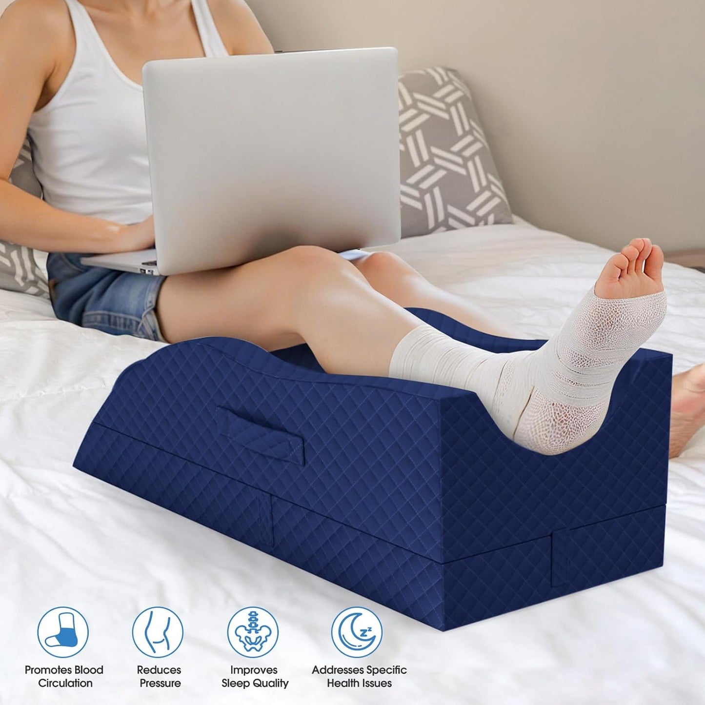 TranquilRelax Elevation Pillows for Leg After Surgery, Memory Foam Adjustable Wedge Pillow for Injury or Rest, Ankle Pillow for Sleeping Blood Circulation, Full-Blue/Single Leg