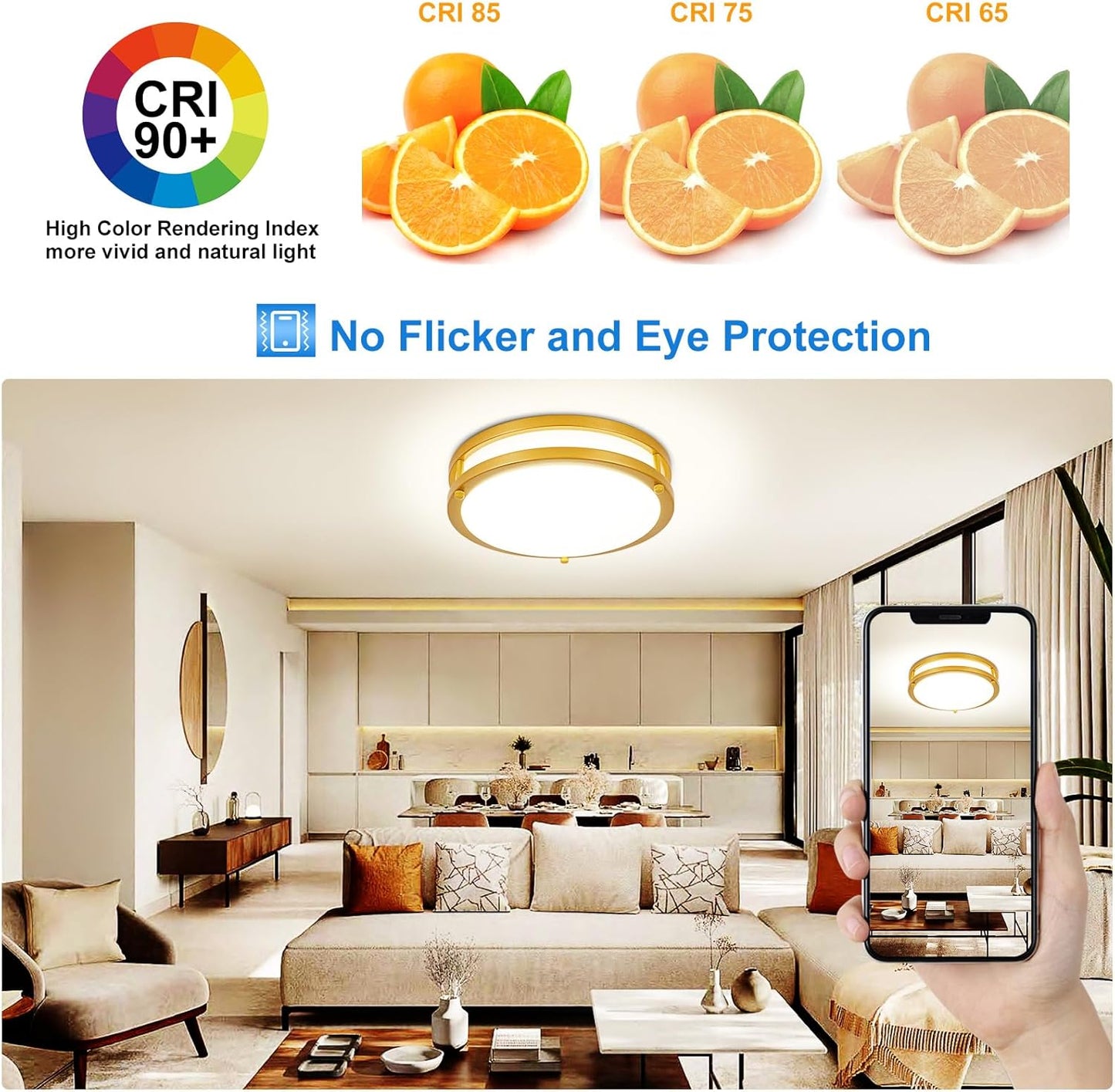 DLLT Flush Mount LED Ceiling Light: 10 Inch 5CCT (3000K-6000K) & Dimmable Ceiling Light Fixtures for Bedroom Hallway - 18W Modern Gold 1600LM Super Bright Kitchen Lighting Fixtures Ceiling
