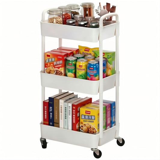 Sywhitta 3-Tier Plastic Rolling Utility Cart with Handle, Multi-Functional Storage Trolley for Office, Living Room, Kitchen, Movable Storage Organizer with Wheels, White