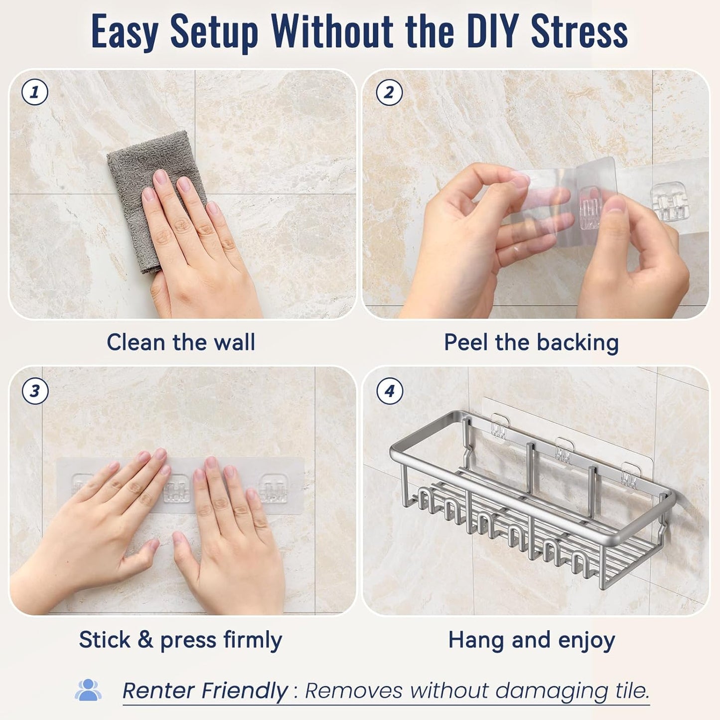8 Pack Adhesive Rustproof Shower Caddy with Soap Dishes, Toothbrush Holder & Hooks, Large Capacity No-Drilling Shower Shelves Rack for Bathroom Organizers and Storage Accessories, Silver