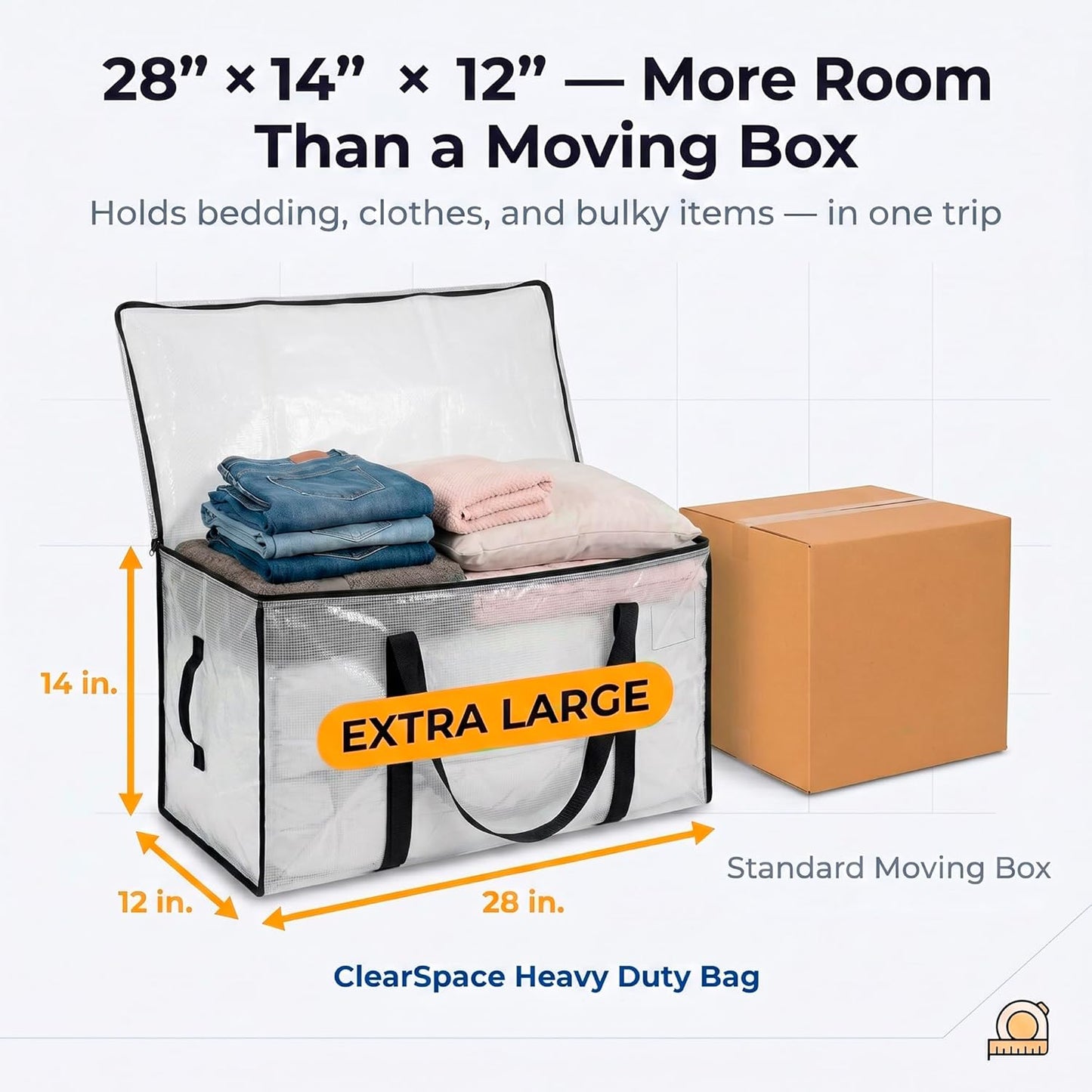 ClearSpace Oversized Moving Bags or Storage Bag – Large Moving Boxes with Backpack Straps, Zippers & Handles – Heavy-Duty Packing Bags for Moving, College Dorm, Christmas Decorations, 6 Pack