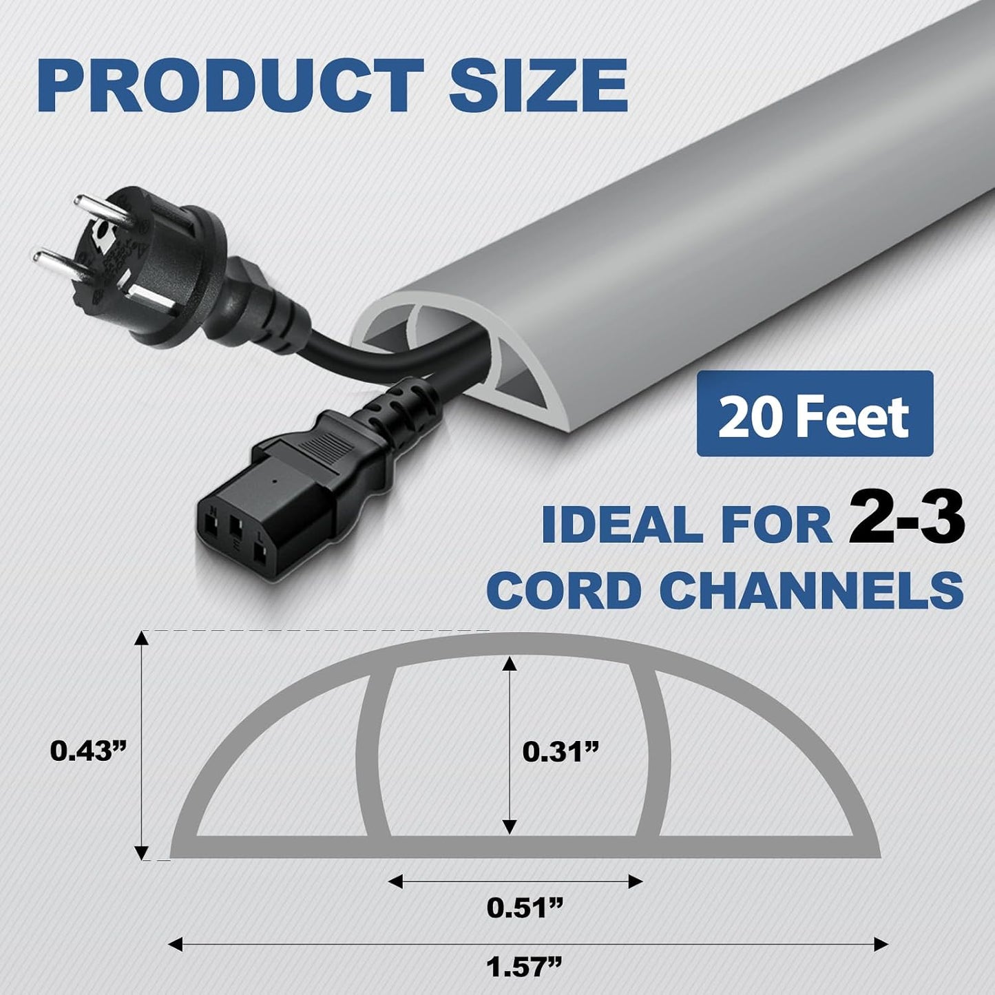 Floor Cord Cover for Wires on Floor Self Adhesive Cord Hider | Floor Cable Cover Floor Wire Covers for Cords Prevent Cable Trips, Cord Cavity W 0.51" x H 0.31", Gray, 20Ft