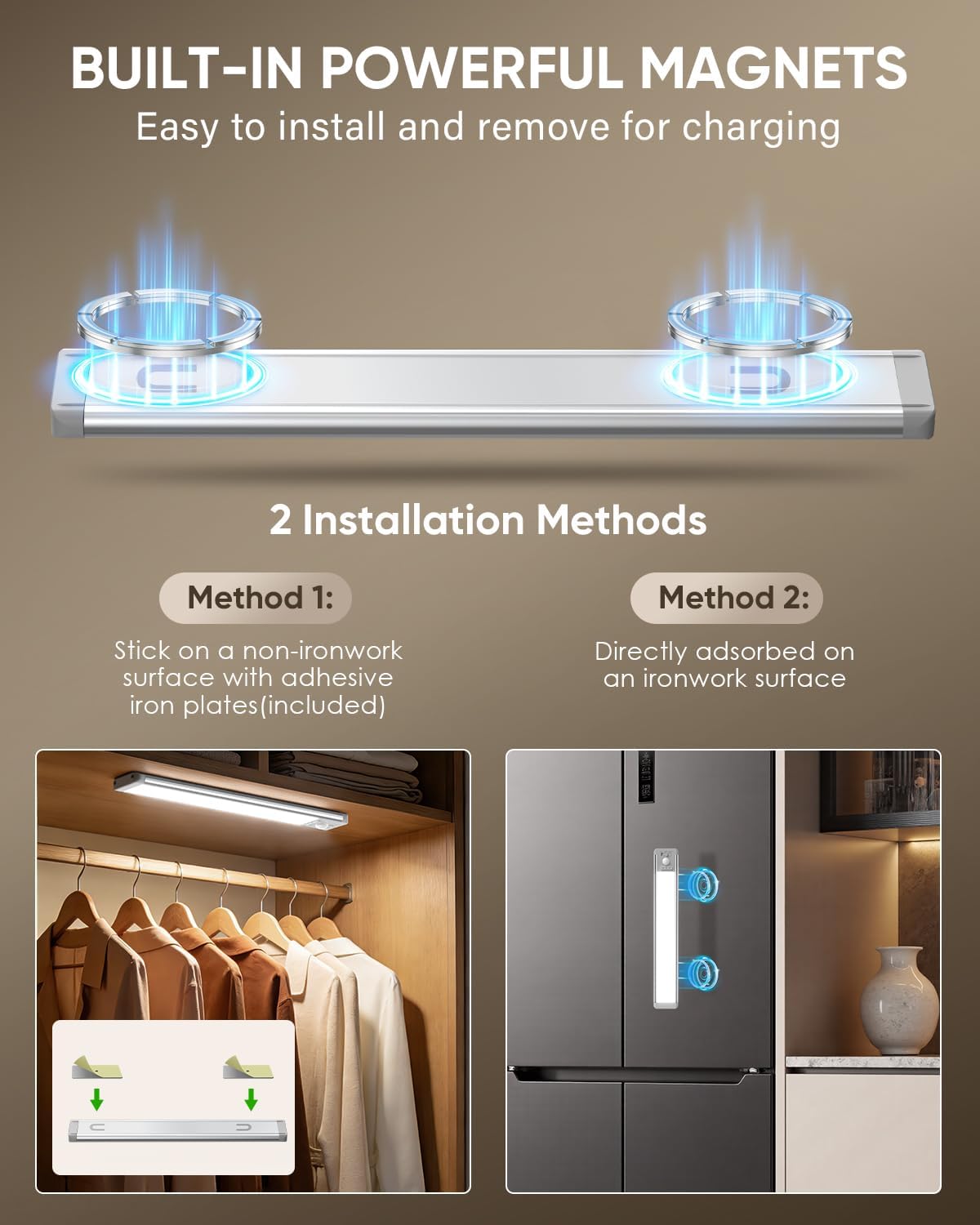 MCGOR 3 Pack 10inch Under Cabinet Lighting, Rechargeable Motion Sensor Light Indoor with 3 Color Temps, Dimmable Magnetic Led Closet Lights, Wireless Under Counter Lights for Kitchen, Stairs