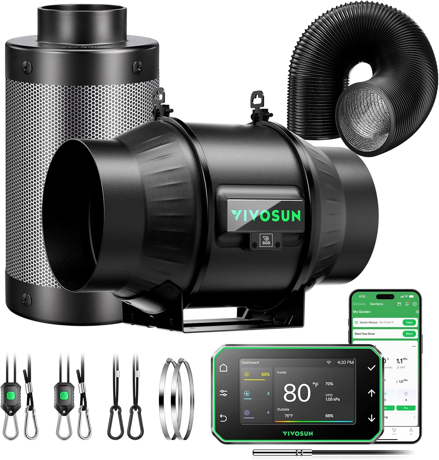 VIVOSUN Smart Air Filtration PRO T6 Kit 6", AeroZesh T6 Inline Duct Fan w/GrowHub E42A+ Temp. Humidity WiFi-Controller, Carbon Filter & Ducting, Cooling & Ventilation System for Grow Tent, Hydroponics