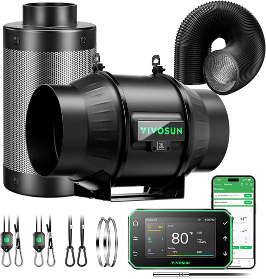 VIVOSUN Smart Air Filtration PRO T6 Kit 6", AeroZesh T6 Inline Duct Fan w/GrowHub E42A+ Temp. Humidity WiFi-Controller, Carbon Filter & Ducting, Cooling & Ventilation System for Grow Tent, Hydroponics