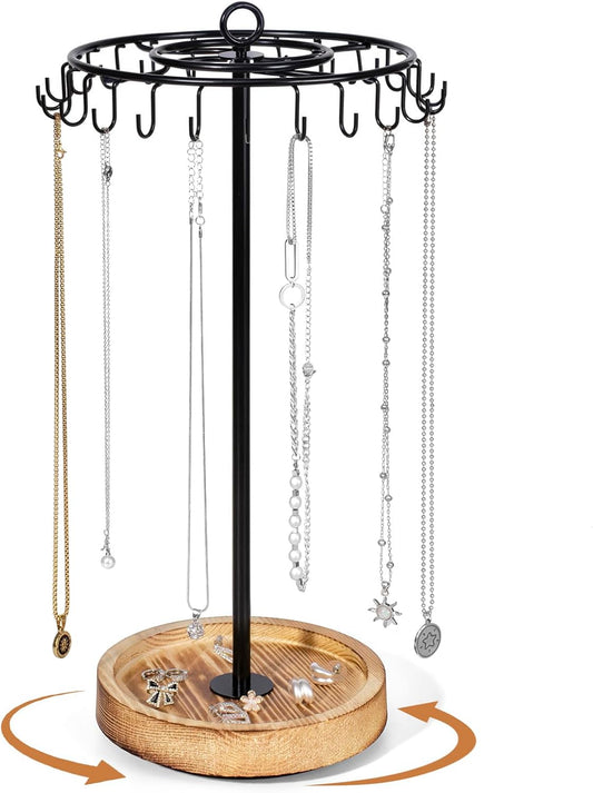 Rotating Necklace Holder, Necklace Organizer Tree Stand with 24 Hooks, Jewelry Necklace Display Stand, Wooden & Metal, Tall Spinning for Vendors Retail, Gift for Mother Women, Vintage Black