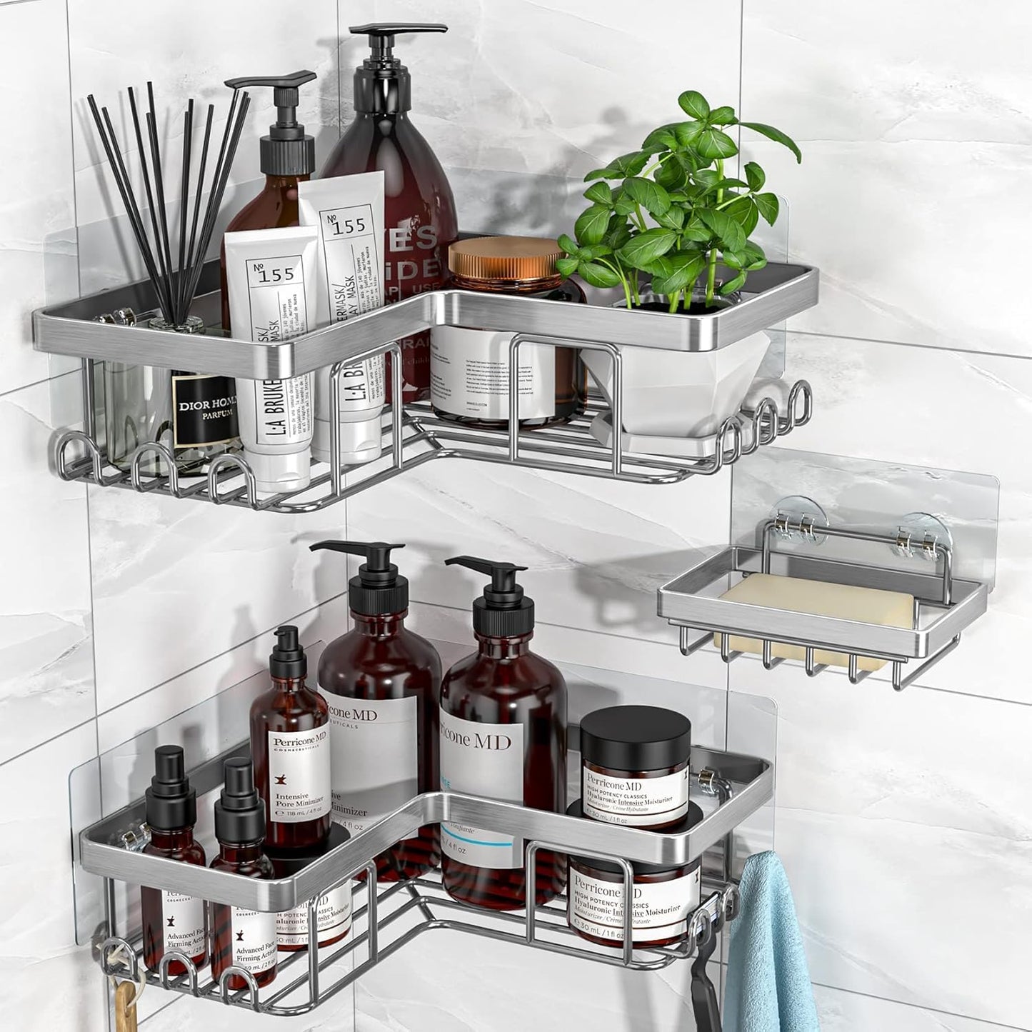 YASONIC Corner Adhesive Shower Caddy, with Soap Holder and 12 Hooks, Rustproof Stainless Steel Bathroom Organizer, No Drilling Wall Mounted Rack, Brushed Silver, 3-Pack