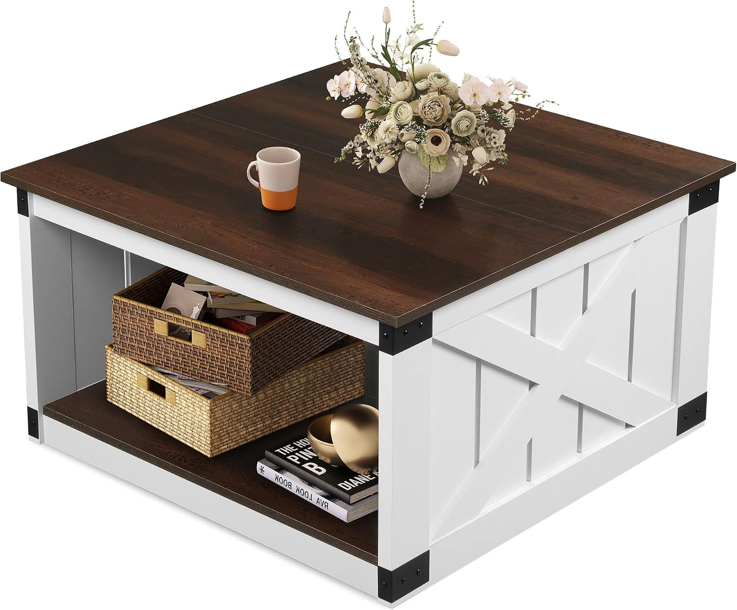 WLIVE Coffee Table, Farmhouse Coffee Table with Open Storage, 31.5" Wood Square Living Room Tables, Rustic Dining Cocktail Center Table for Living Room, Espresso