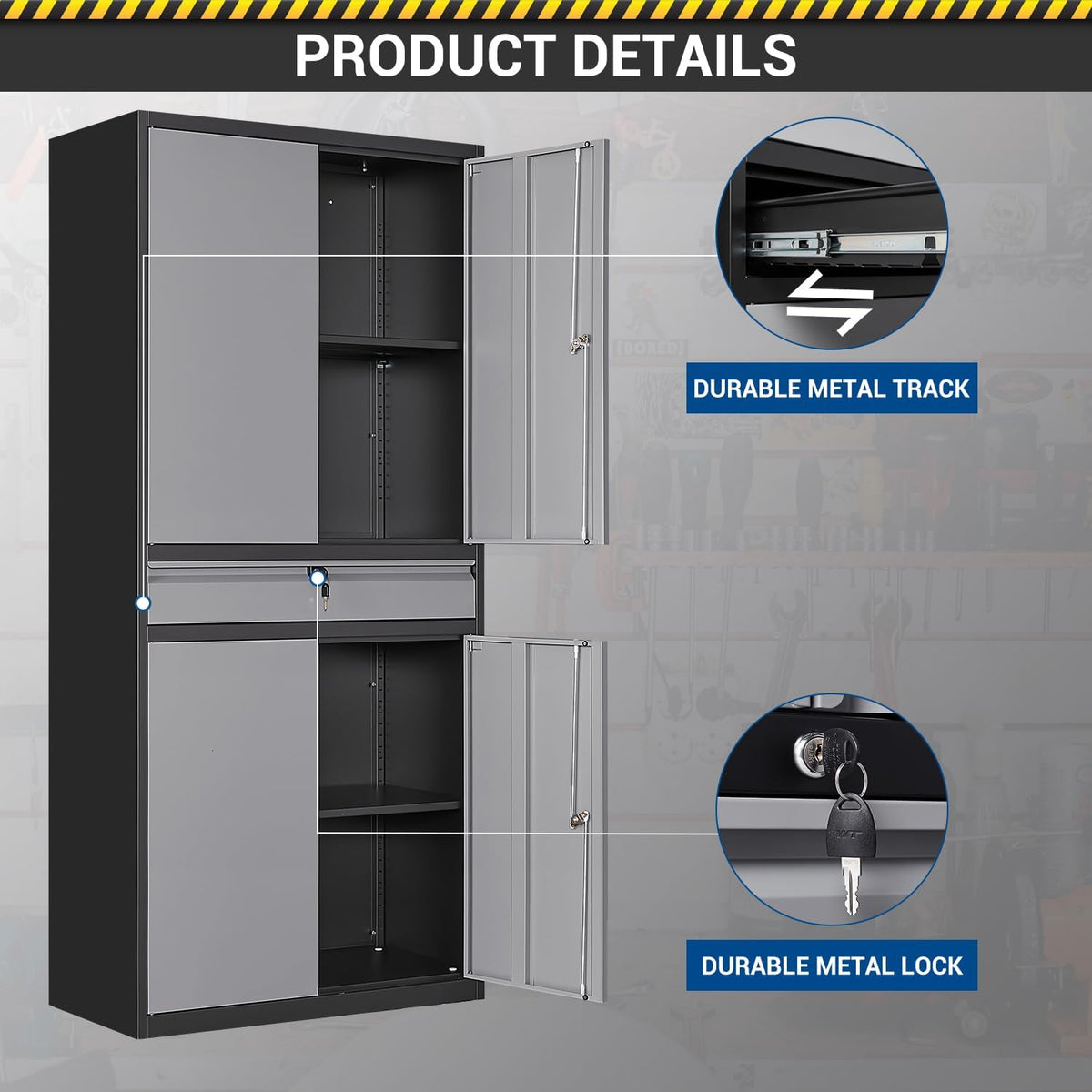 Fesbos 71" Metal Cabinet-Black&Gray Heavy Duty Storage File Cabinet Steel Tool Cabinets with Shelves, Lockable Doors and Drawers- for Garage, Pantry, Warehouse - Assembly Required