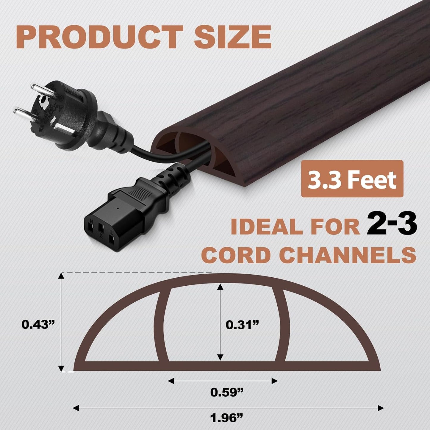 Floor Cord Cover for Wires on Floor Self Adhesive Cord Hider | Floor Cable Cover Floor Wire Covers for Cords Prevent Cable Trips, Cord Cavity W 0.59" x H 0.31", Black Walnut, 3.3Ft