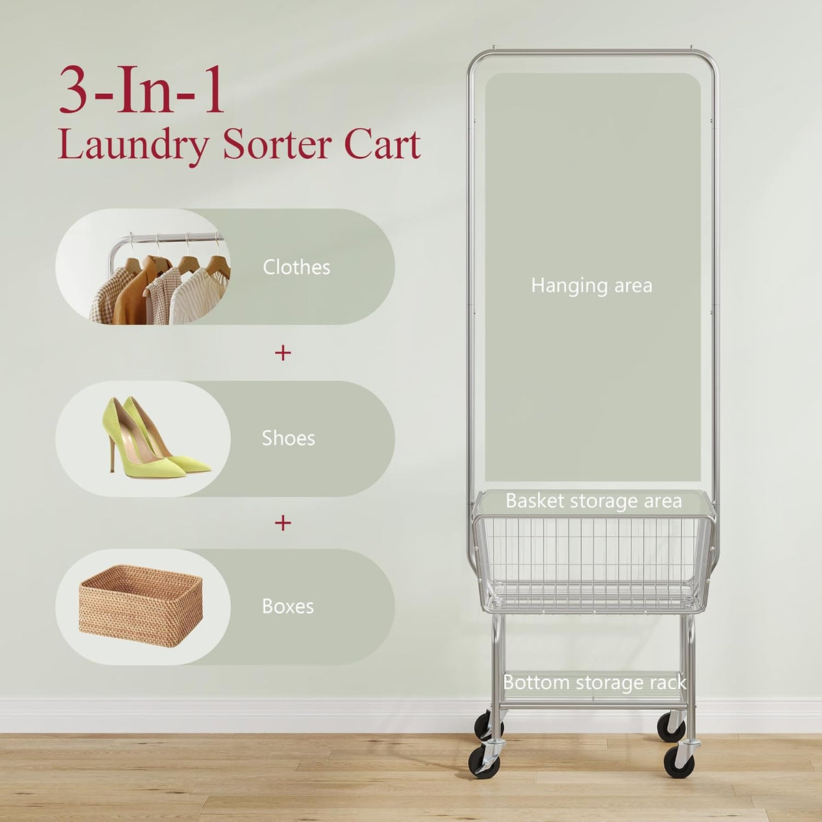 Tajsoon Laundry Cart with Hanging Rack, Metal Rolling Laundry Cart with Wheels and Storage Basket, Silver
