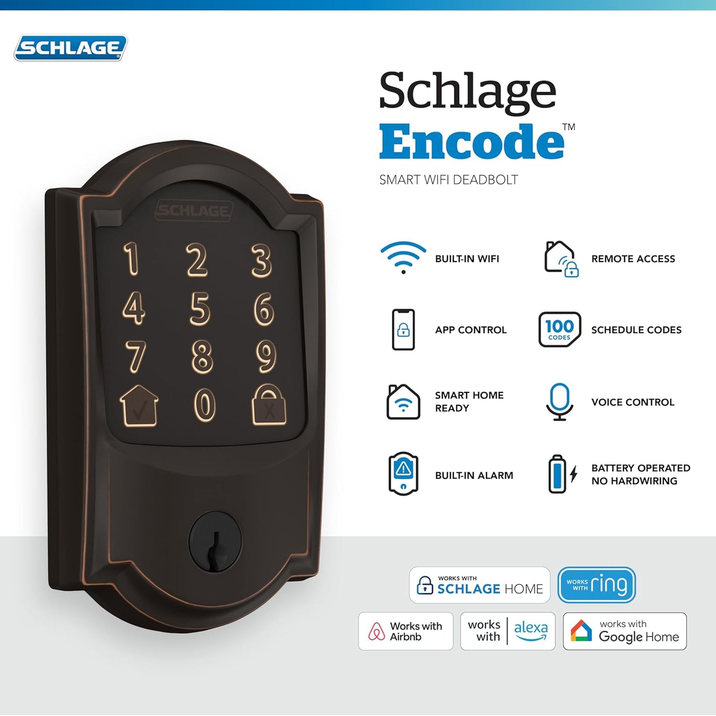 Schlage Encode Smart Wi-Fi Deadbolt Lock with Touchscreen Keypad, Keyless Front Door Entry, App Control, Alexa, Google Home and Airbnb Compatible, Aged Bronze, BE489WB CAM 716