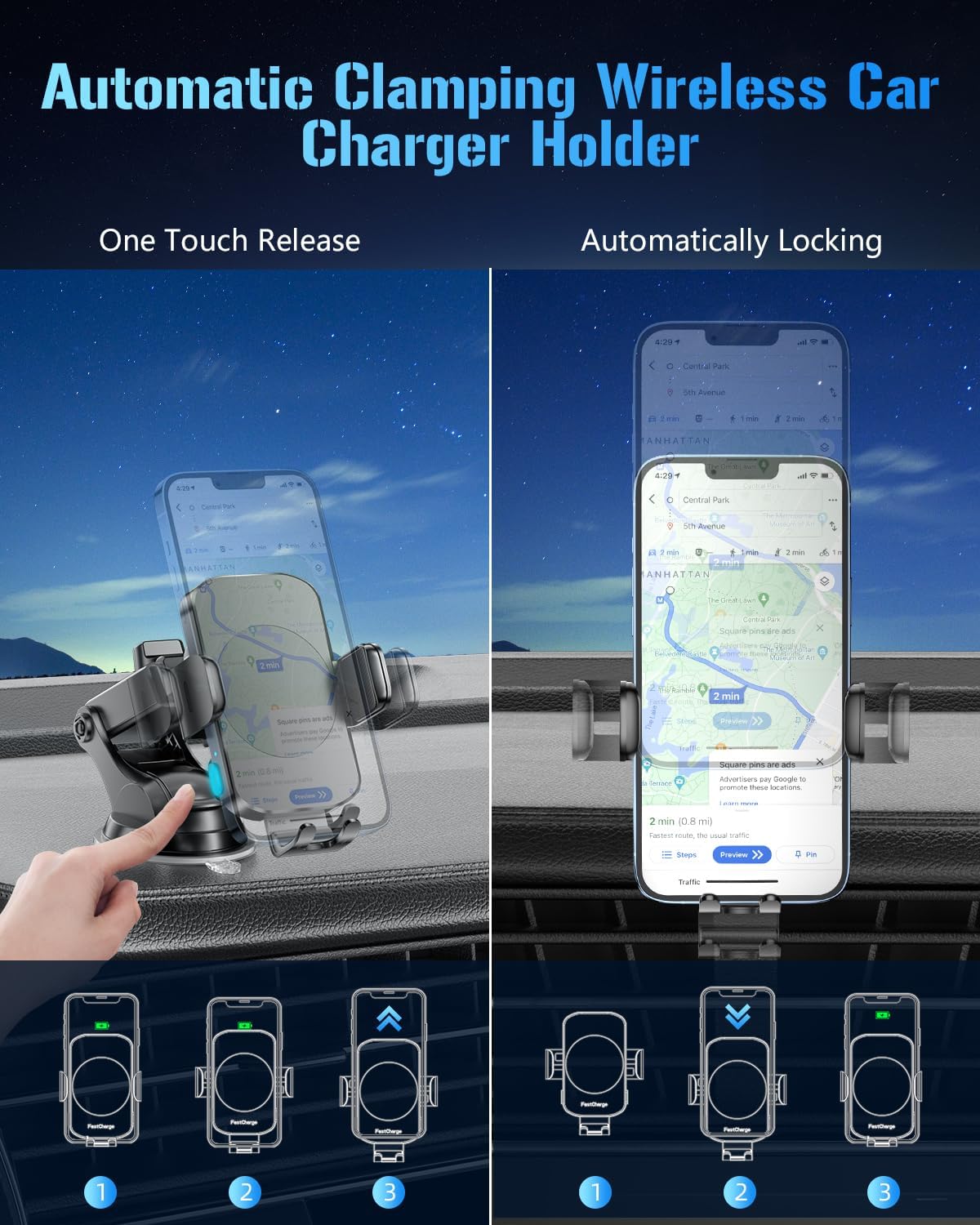 BothLin 3-in-1 Wireless Car Charger Mount, 15W Fast Charging Auto-Clamping Phone Holder for iPhone 17 16 15 14, Samsung Galaxy S24 S23, Dashboard, Vent & Windshield Car Mount(Black)
