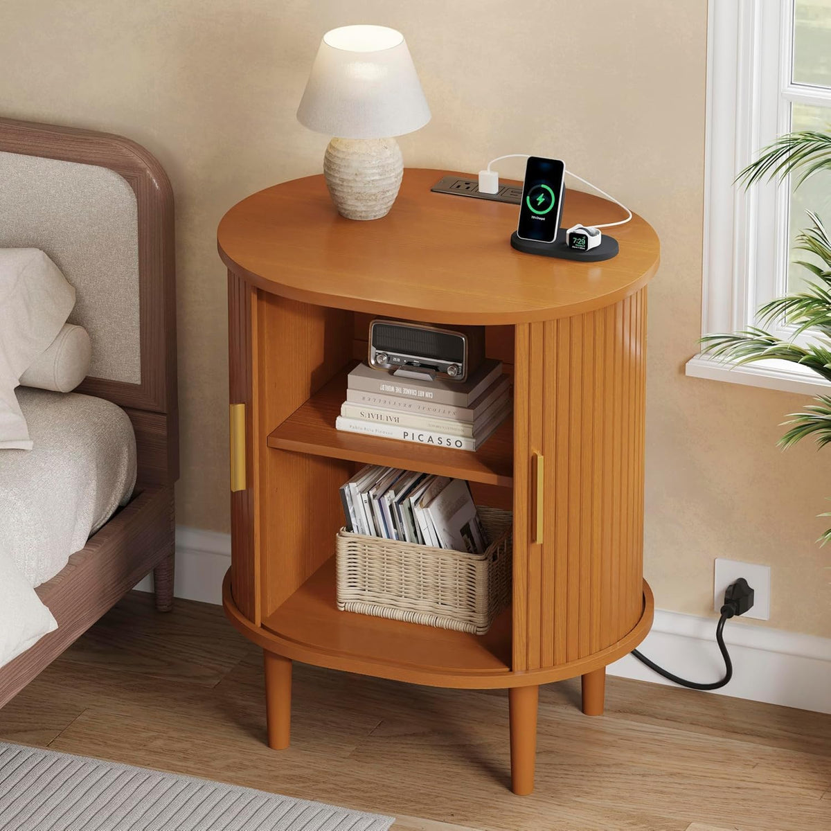 DHH Mid Century Modern Nightstand with Charging Station, Fluted Accent Side Table with Sliding Door & Adjustable Shelf, End Table for Small Space, Living Room, Bedroom,Sofa Couch(1, Yellow)