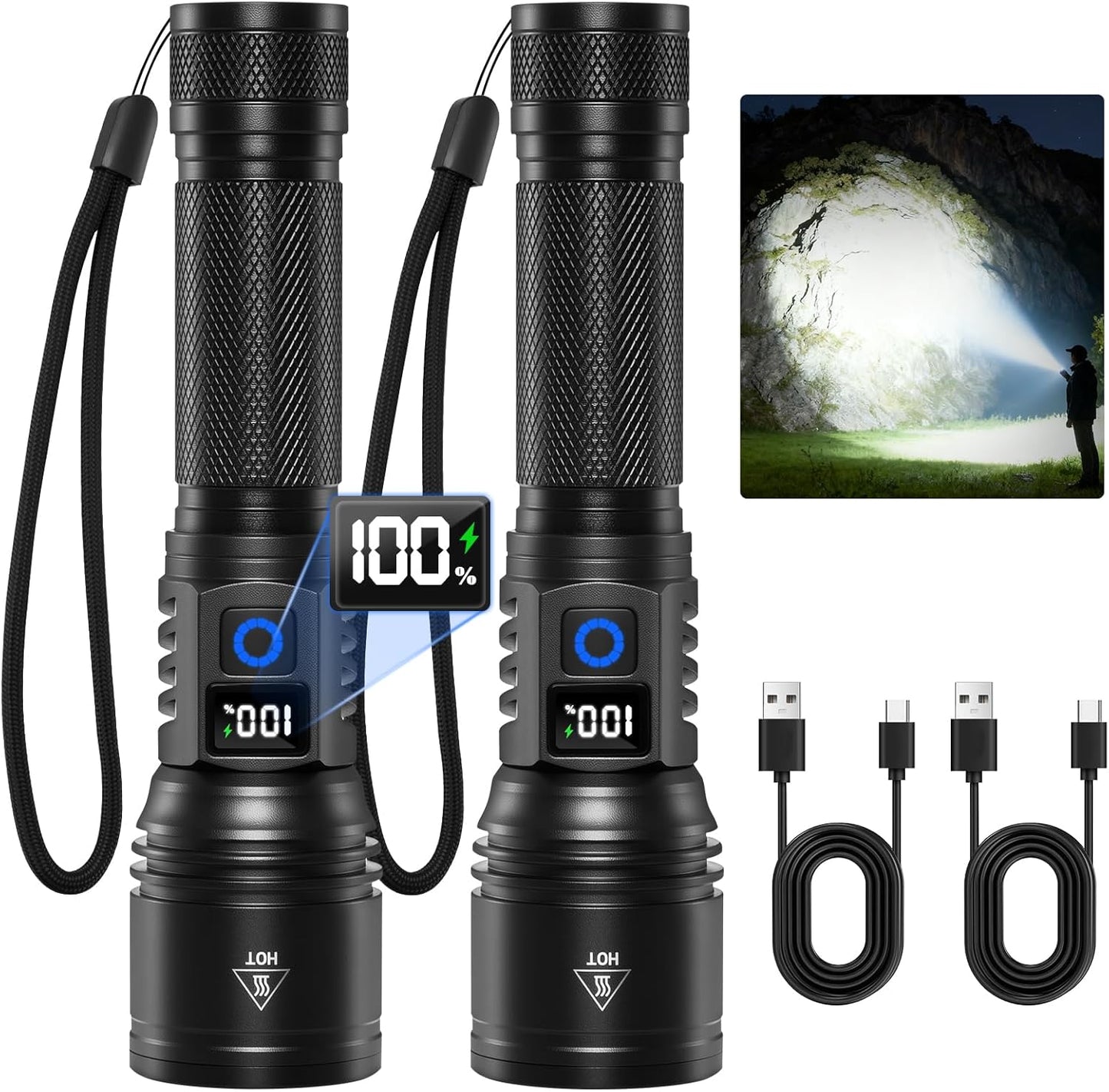 Rechargeable Flashlights High Lumens 2Pack, 5Modes Super Bright Flashlight Rechargeable, LED Flashlight Powerful, Handheld Tactical Flash Lights for Home Emergencies Camping Essentials, Gifts for Men
