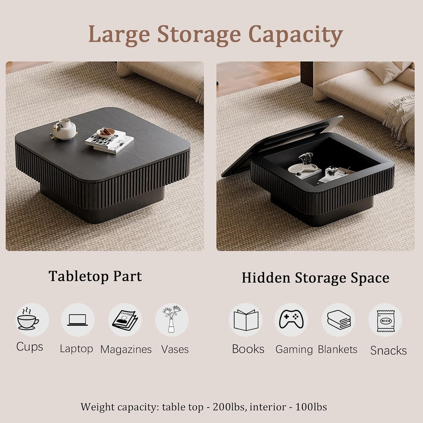 31.5" Square Coffee Table with Hidden Storage Compartment, Modern Handcraft Fluted Drum Coffee Table, Wooden Square Center Table Cocktail Tea Table with Sturdy Pedestal for Living Room, Black
