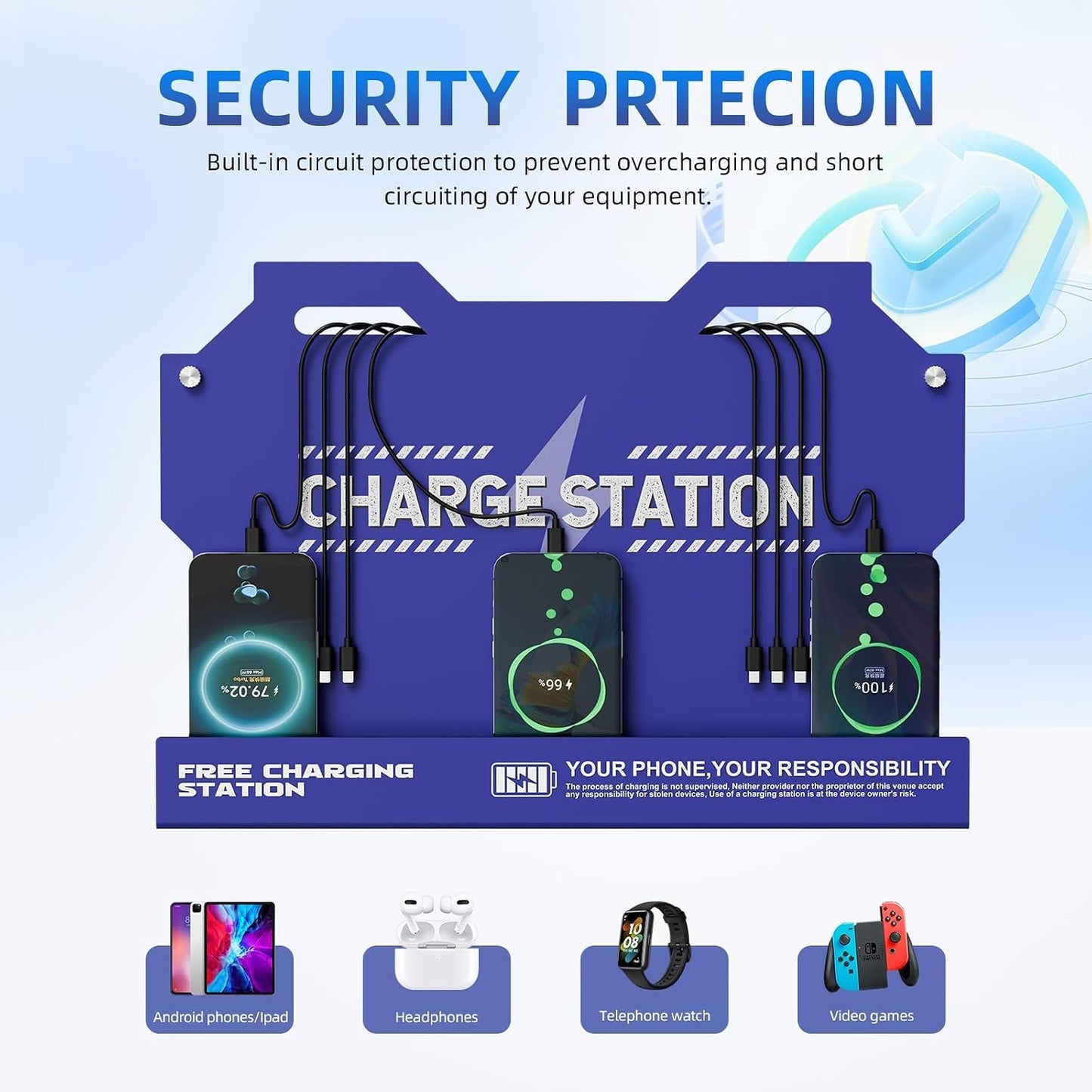 Mechanical Type Wall Mounted Charging Station with 8 PortHigh Speed Cables - Universal Dock for Apple, Type-C & Android Devices, Perfect for Airports, Hotels, Offices, School (Blue)