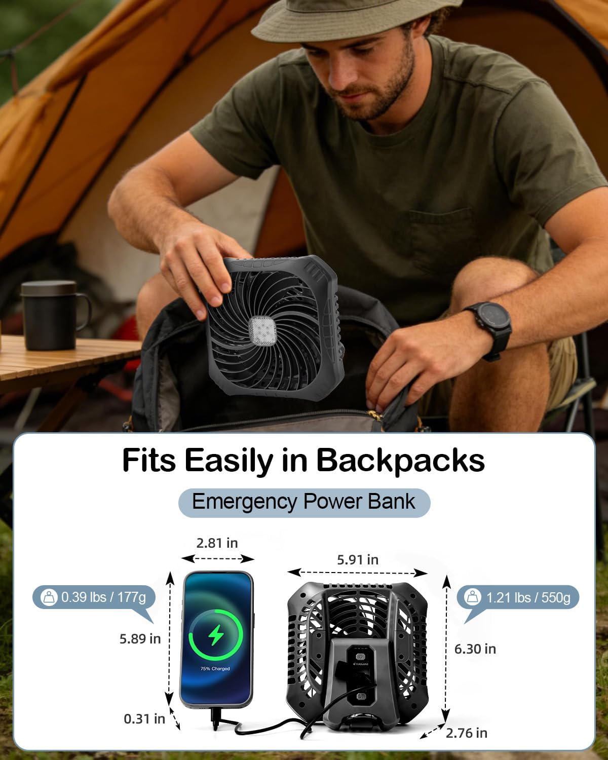 Odoland Portable Camping Fan with LED Lantern, 40H Rechargeable Battery Operated Quiet Tent Fan with Hanging Hook for RV Car Beach Outdoor Hurricane Emergency Outages