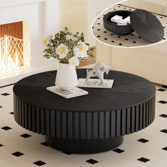 31 inch Black Round Fluted Coffee Table with Storage (B, 1PC) | Mid Century Modern Style, Low Circle Drum Center Table with Flip-Top, Wood Fluted Stripe, For Living Room, For Small Space