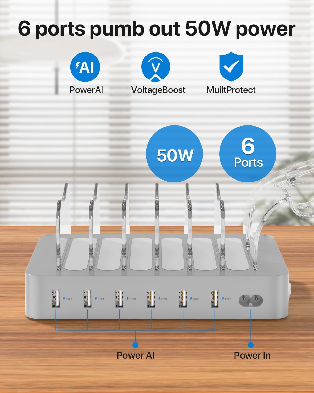 SooPii Premium 6-Port USB Charging Station Organizer for Multiple Devices | Included 6 Short Charging Cables and One Upgraded i-Watch Charger Holder for Phones,Tablets and Other Electronics, Silver