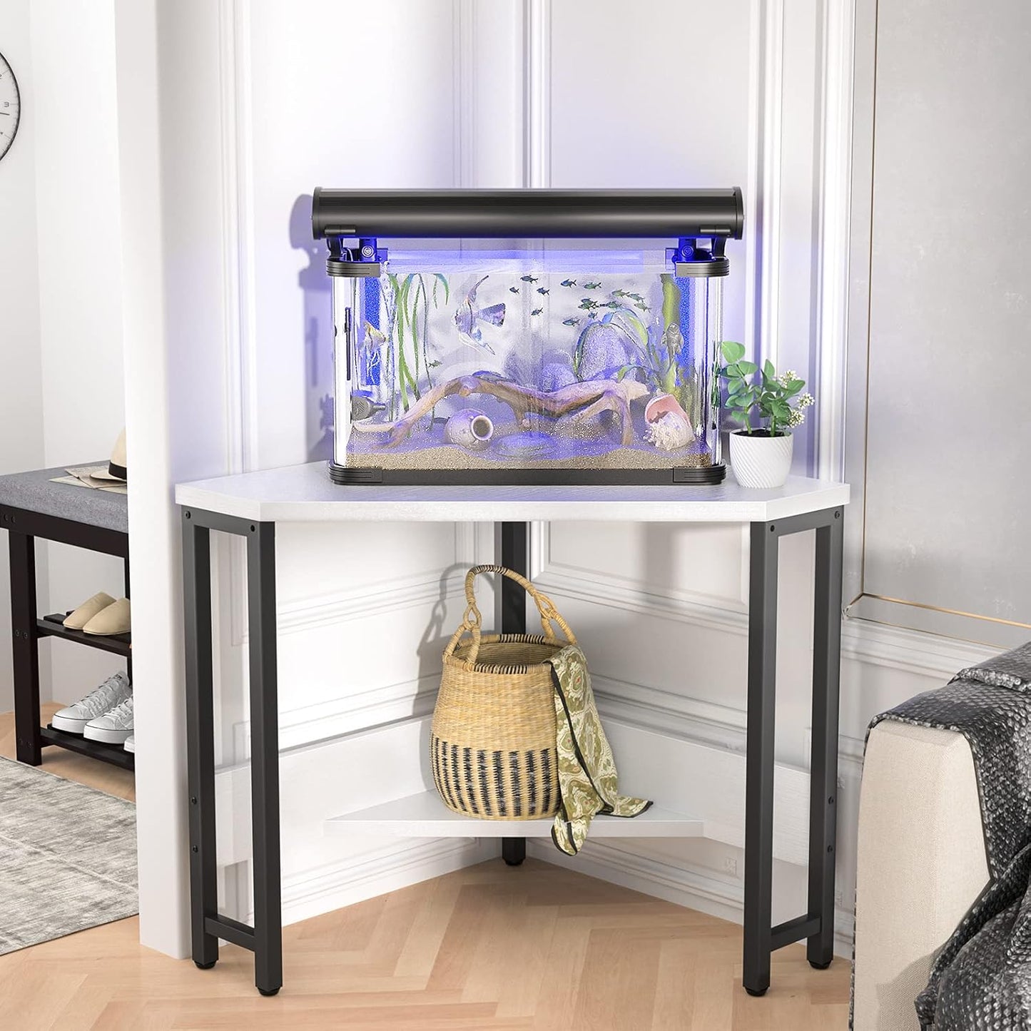 Armocity Corner Desk Small Desk with Outlets Corner Table for Small Space, Computer Desk with USB Ports Triangle Desk with Storage for Home Office, Workstation, Living Room, Bedroom, White