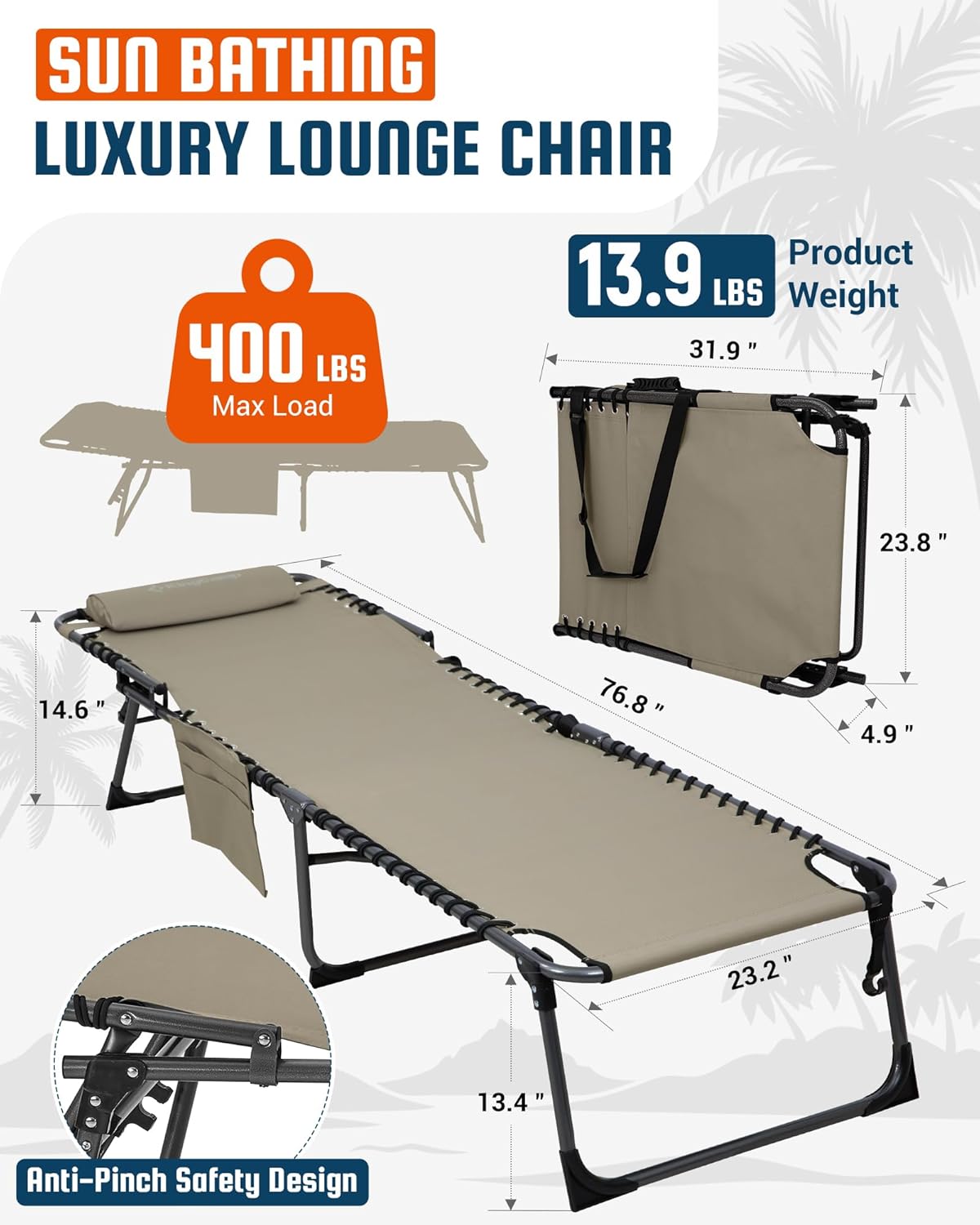 KingCamp Lounge Chair Outdoor,400LBS Tanning Chairs for Outside,Adjustable 5-Position Patio Lounge Chair Sunbathing Chase Lounge Chair Outdoor for Outside Beach Patio Sun Bathing Pool Backyard