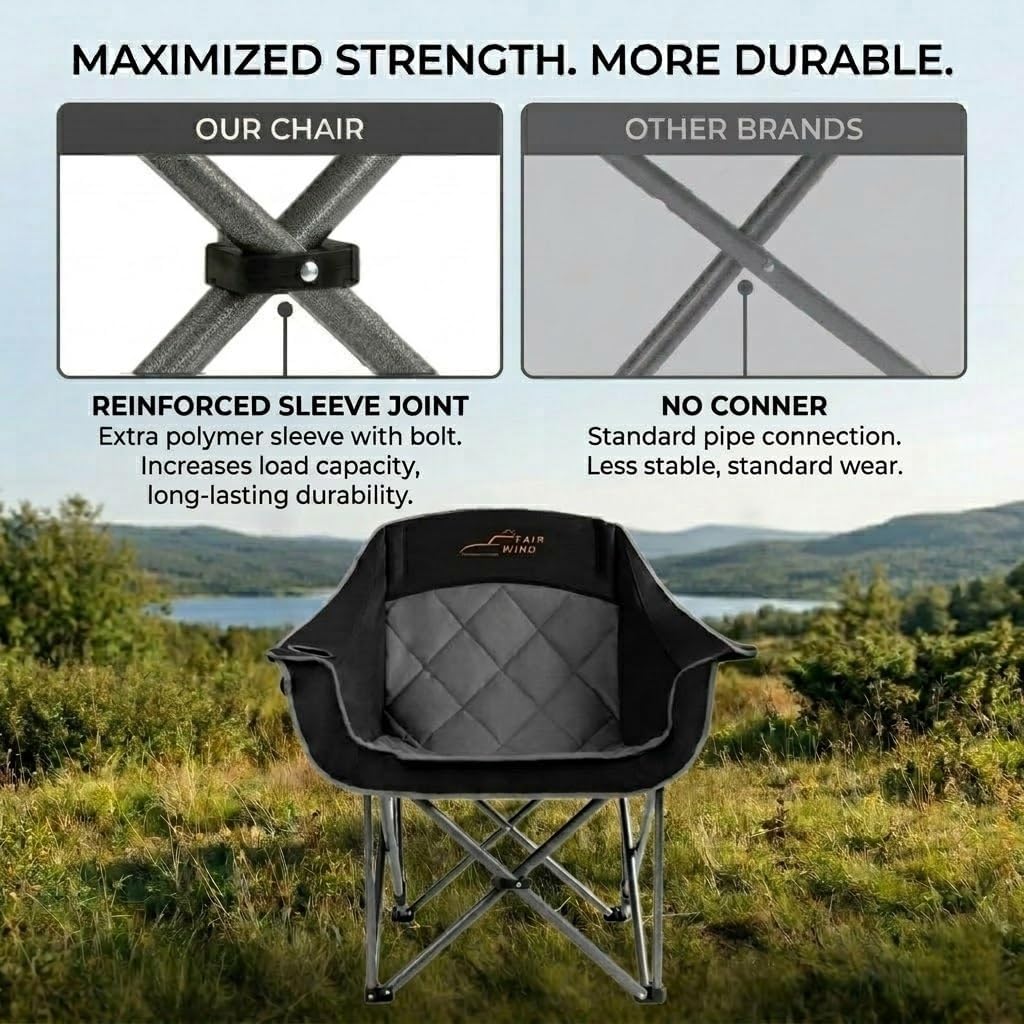 FAIR WIND 2 Pack Oversized Padded Camping Chair Heavy Duty Quad Fold Arm Chair Portable for Outdoor - Support 500LBS, Black